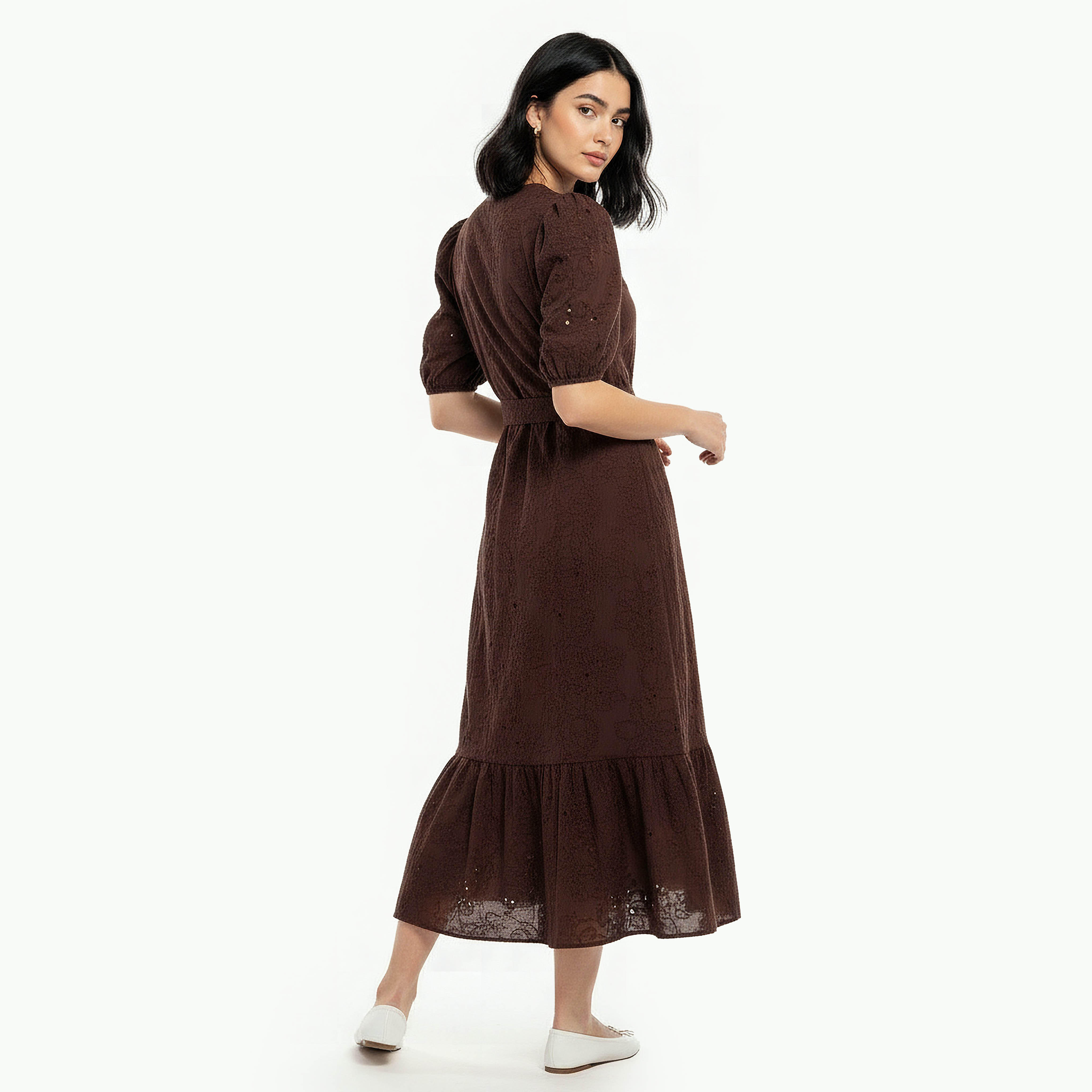 فستان ميدي قطن بطبقات وتطريز شيفلي مع حزام-women-clothing-dresses-image-4