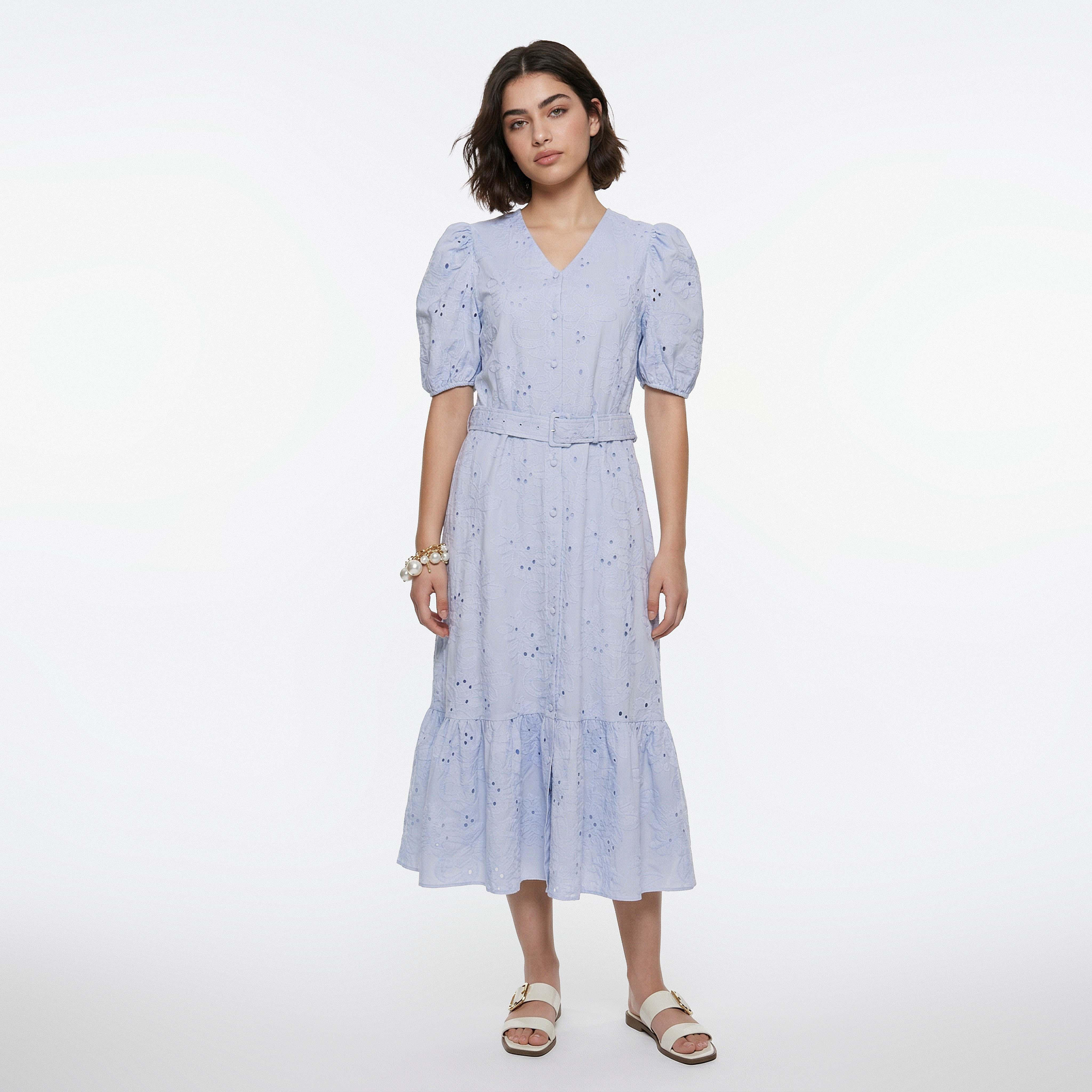 فستان ميدي قطن بطبقات وتطريز شيفلي مع حزام-women-clothing-dresses-image-3