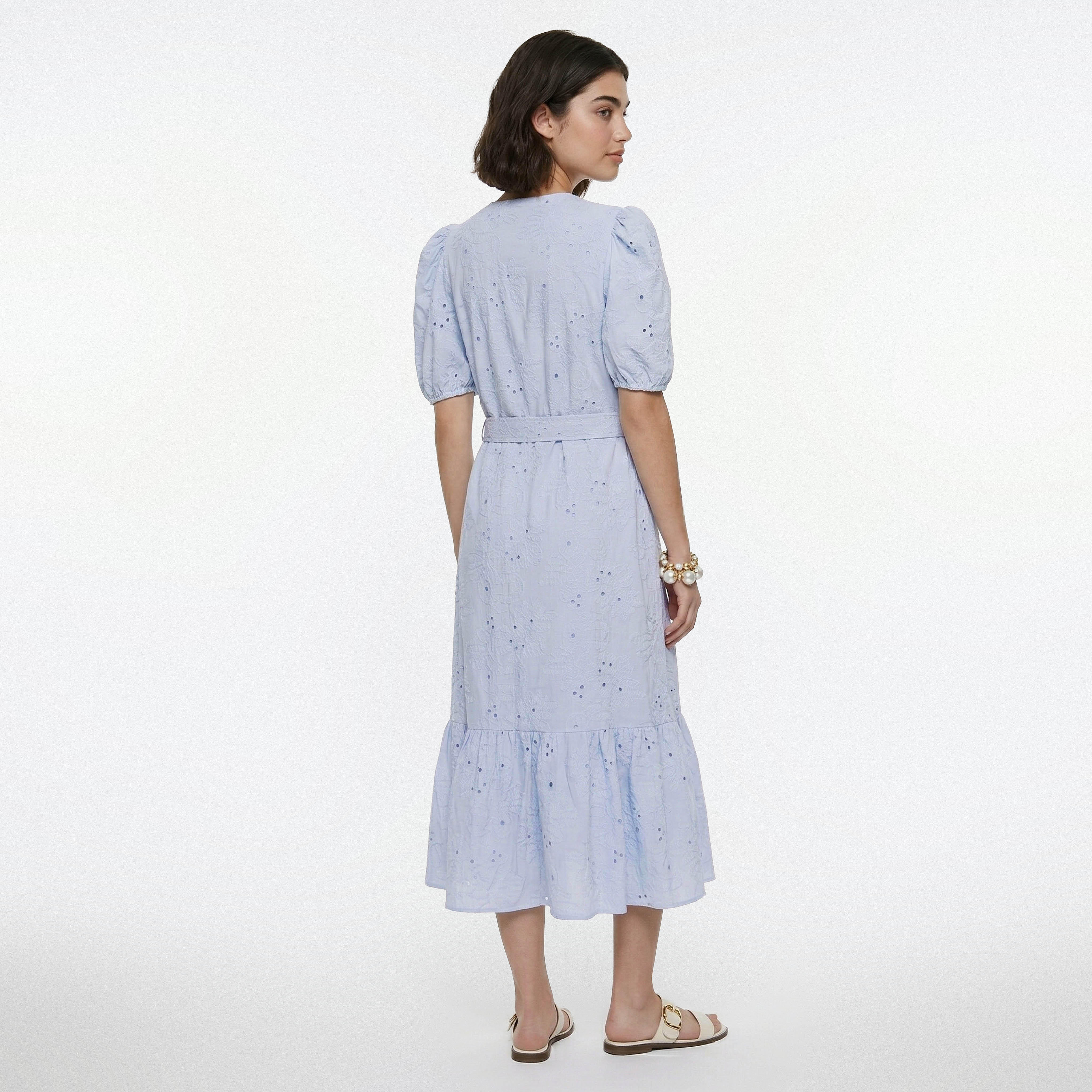 Tiered Midi Cotton Schiffli Embroidered Dress with Belt-women-clothing-dresses-image-4