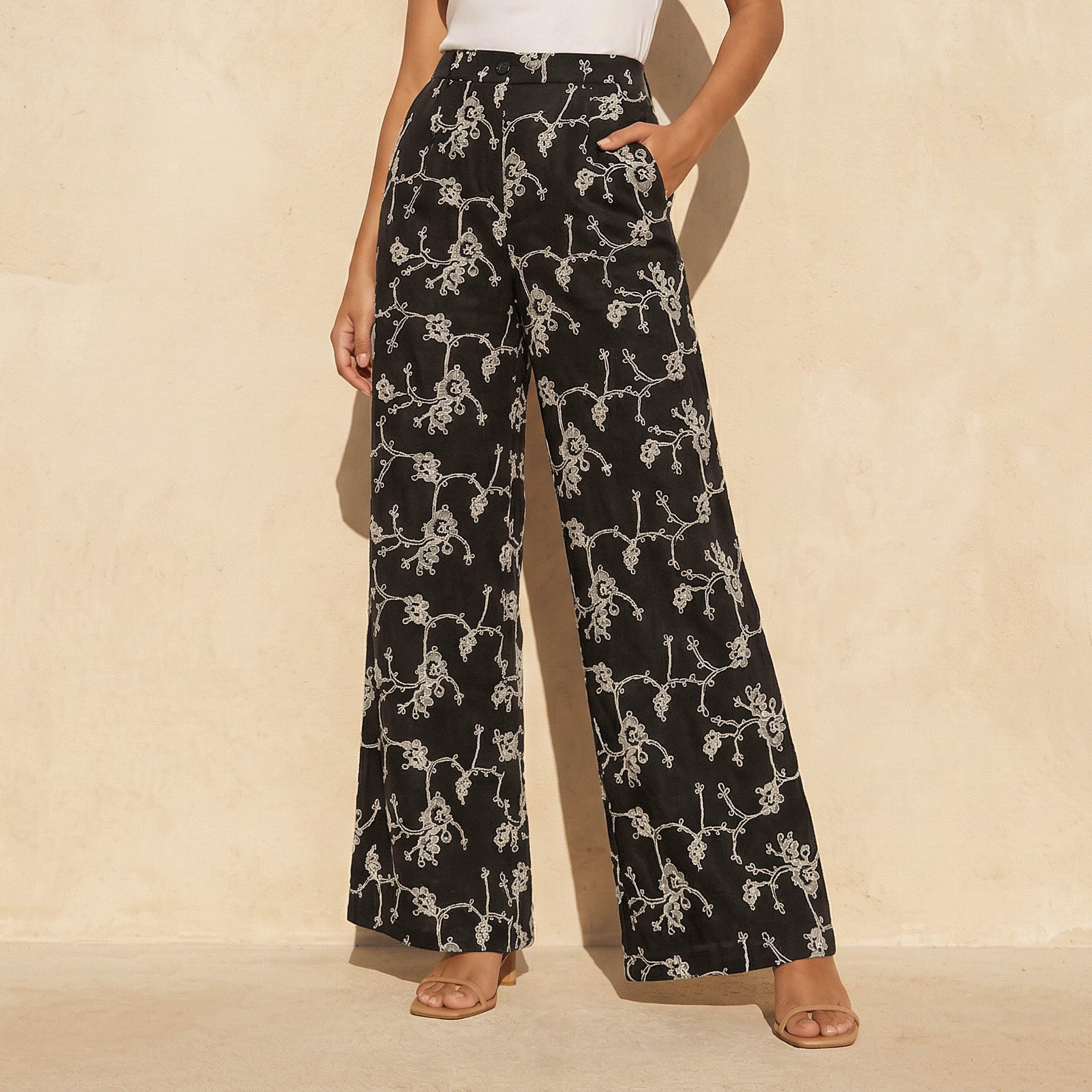Mid-Rise Embroidered Wide Leg Pants-women-clothing-coordsets-image-1