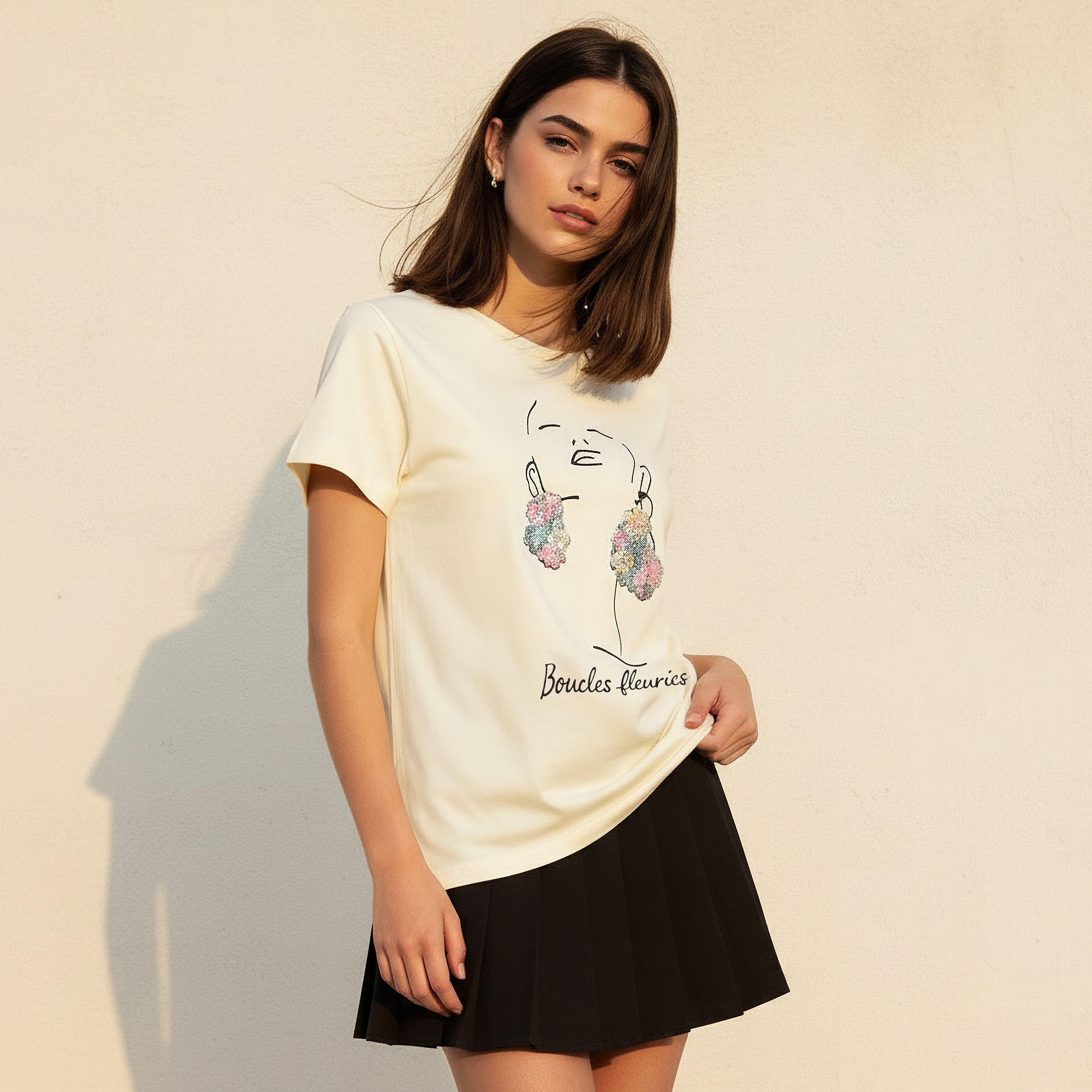 Cotton T-shirt with Slogan Embroidery-women-clothing-tshirts-image-1
