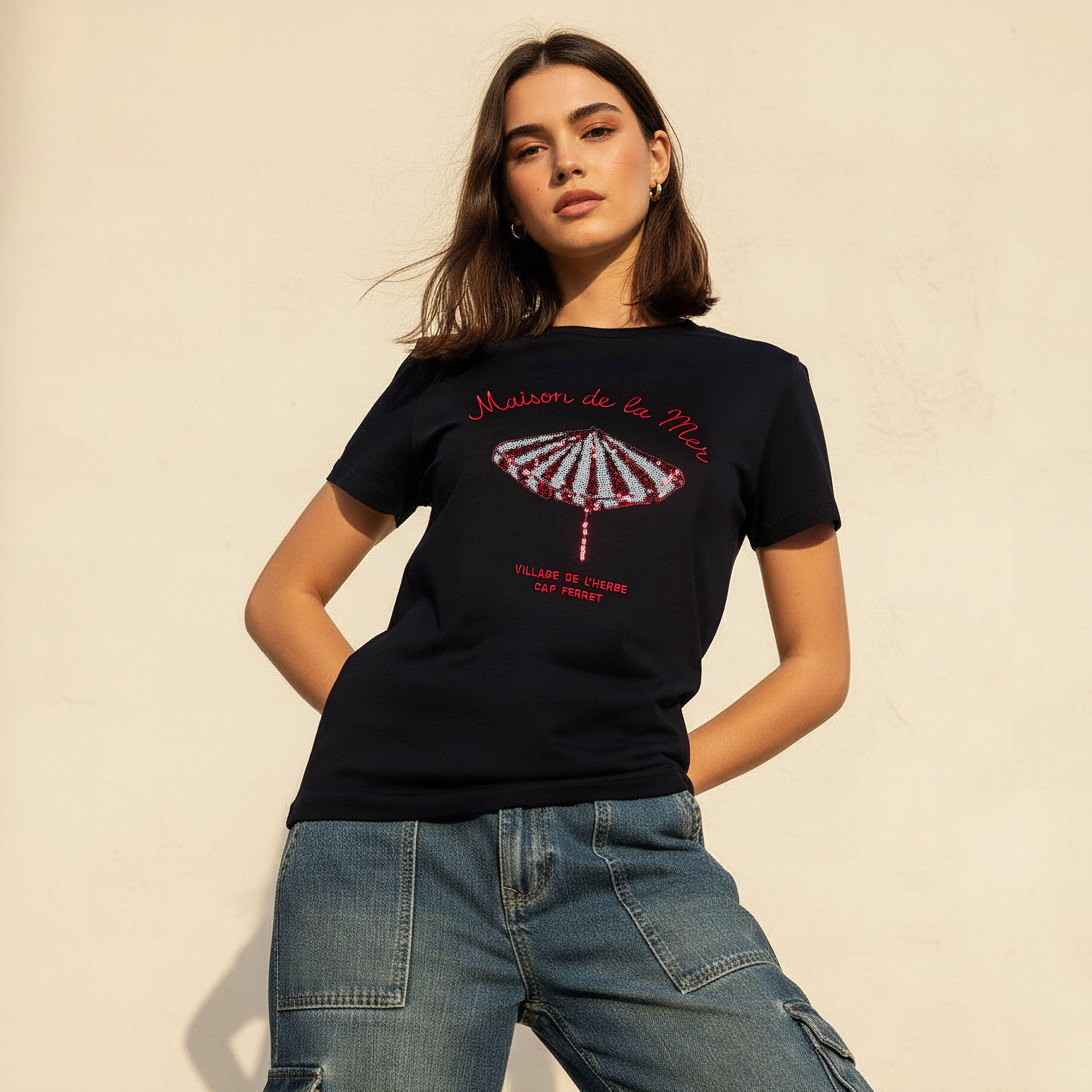 Cotton T-shirt with Slogan Embroidery-women-clothing-tshirts-image-1