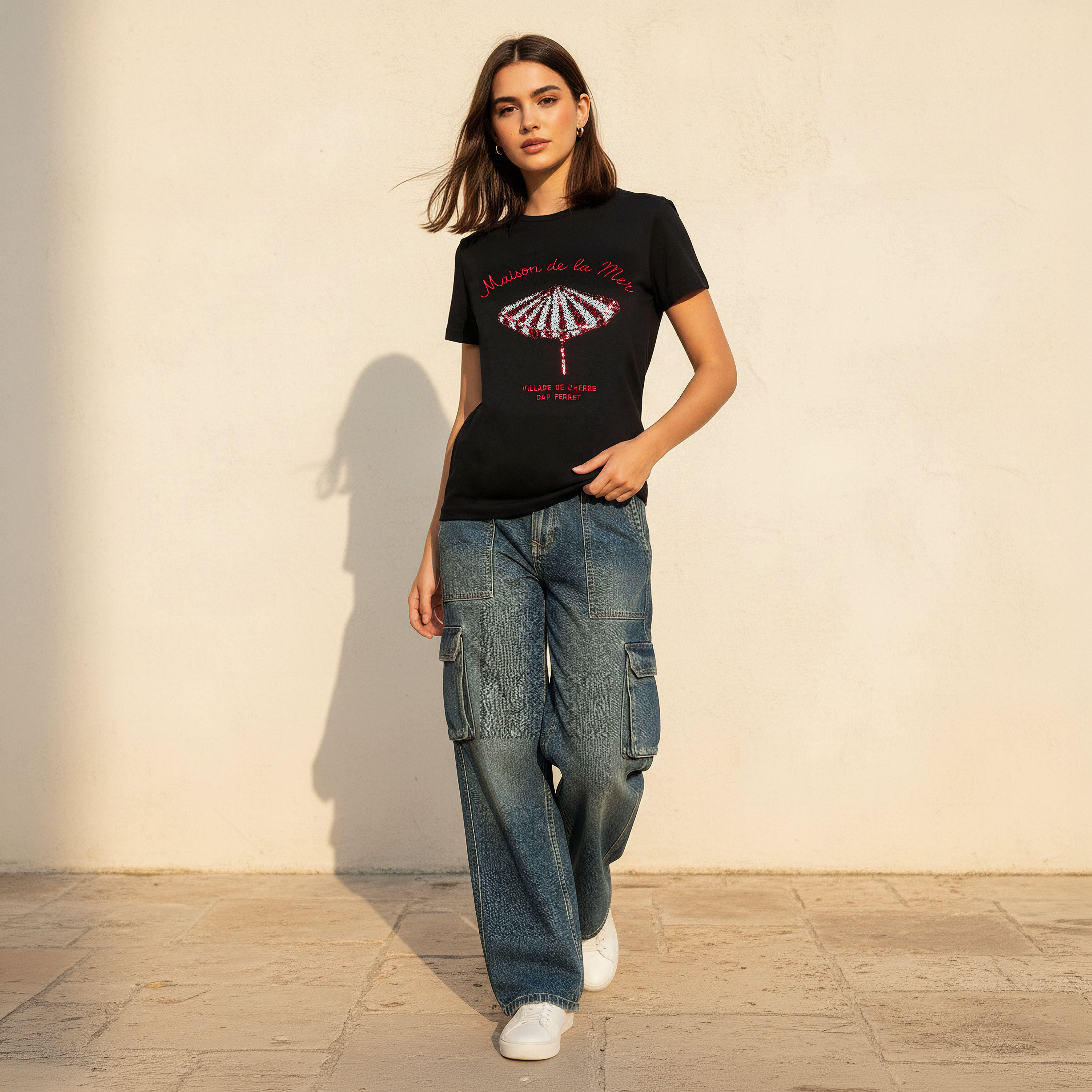 Cotton T-shirt with Slogan Embroidery-women-clothing-tshirts-image-3