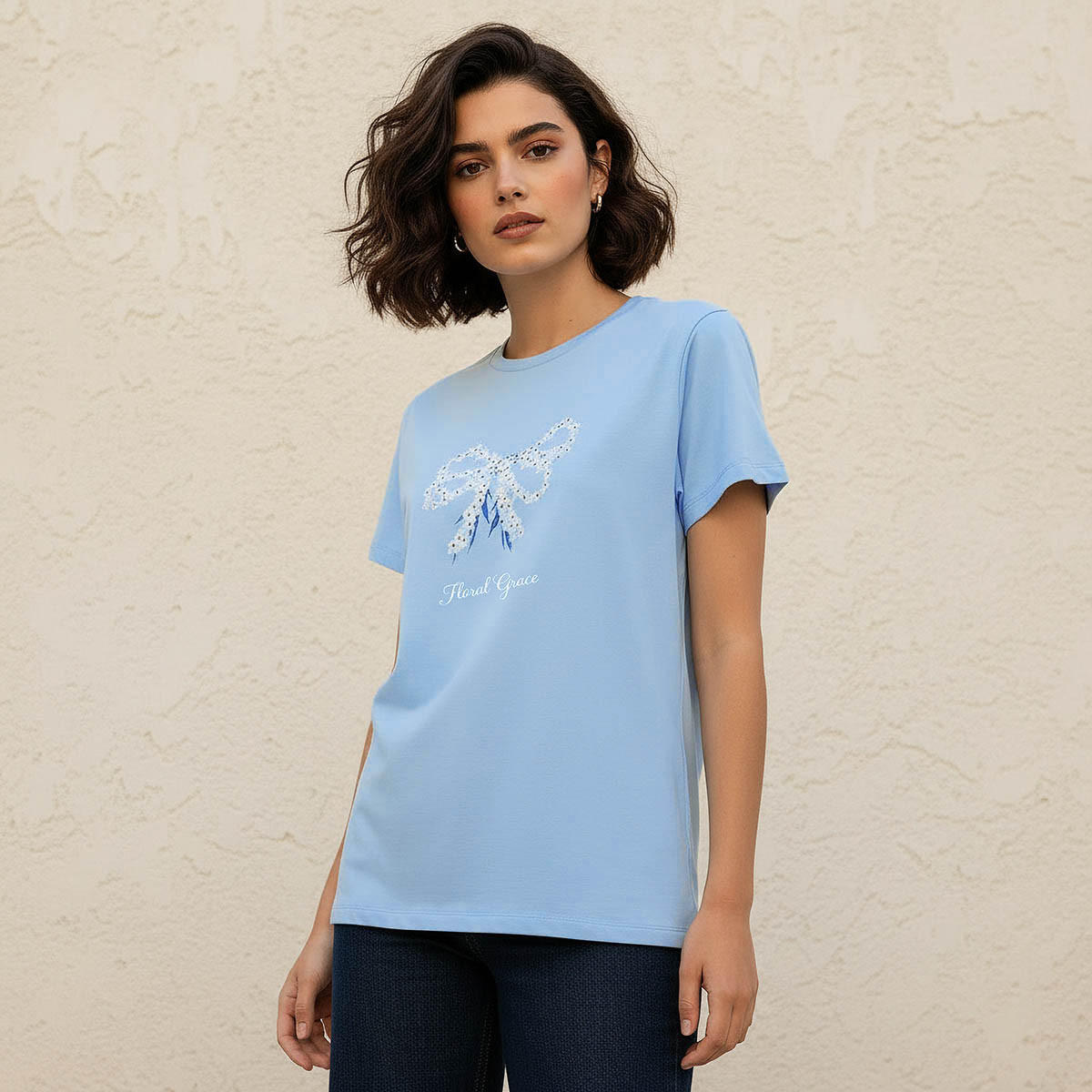 Cotton T-shirt with Floral Bow Print-women-clothing-tshirts-image-1
