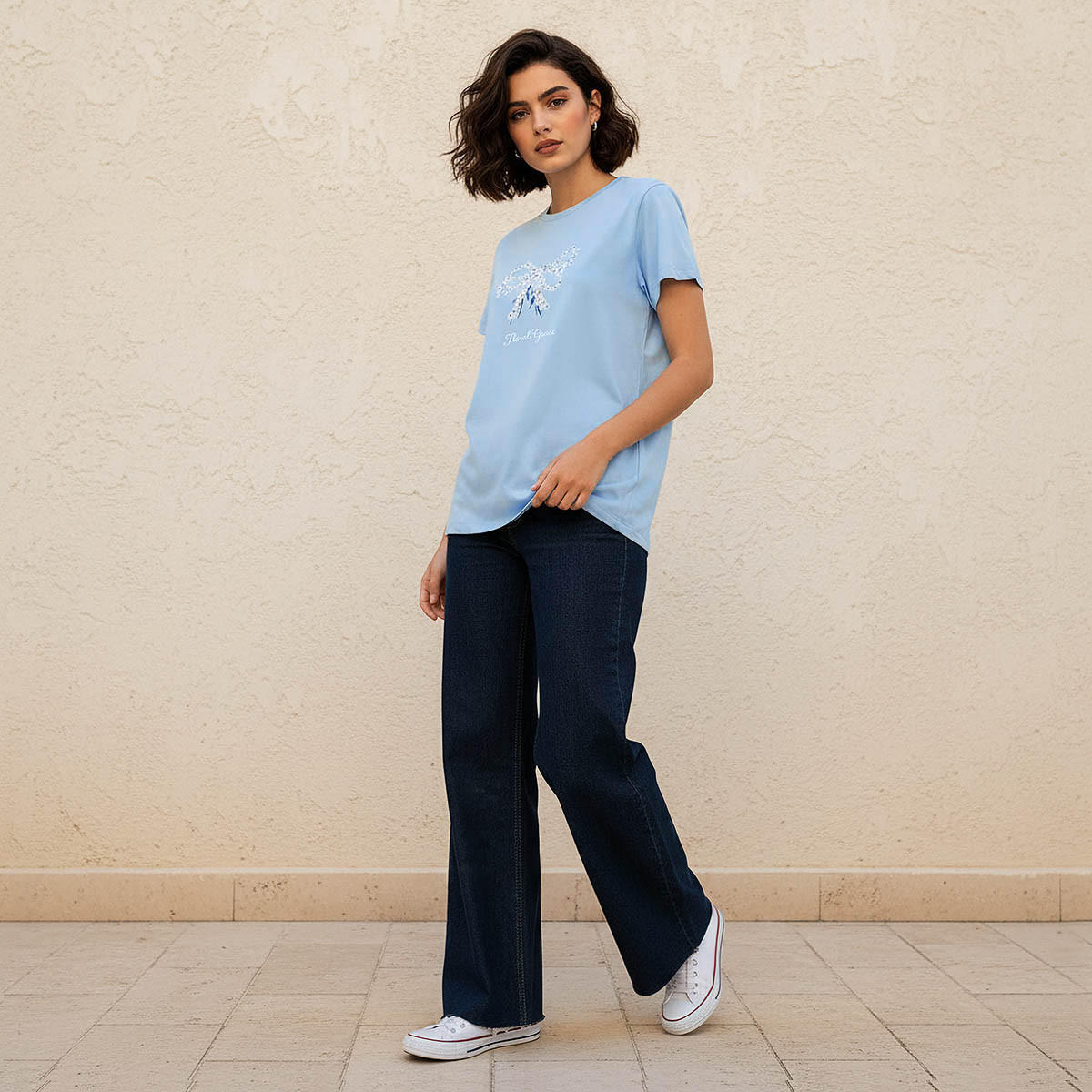 Cotton T-shirt with Floral Bow Print-women-clothing-tshirts-image-3