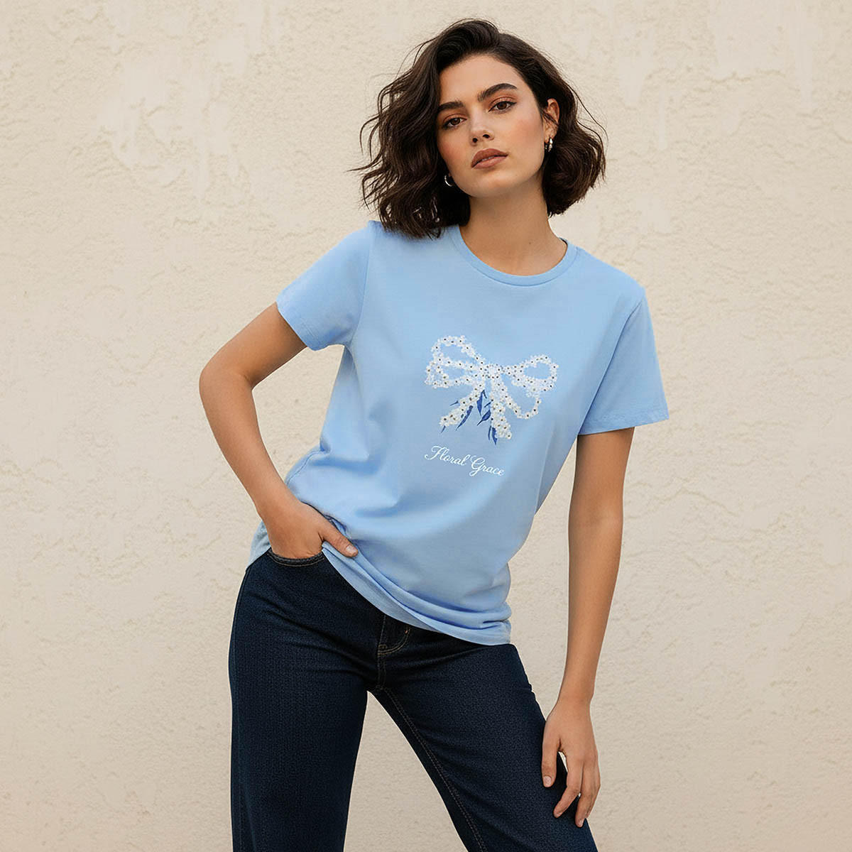 Cotton T-shirt with Floral Bow Print-women-clothing-tshirts-image-5