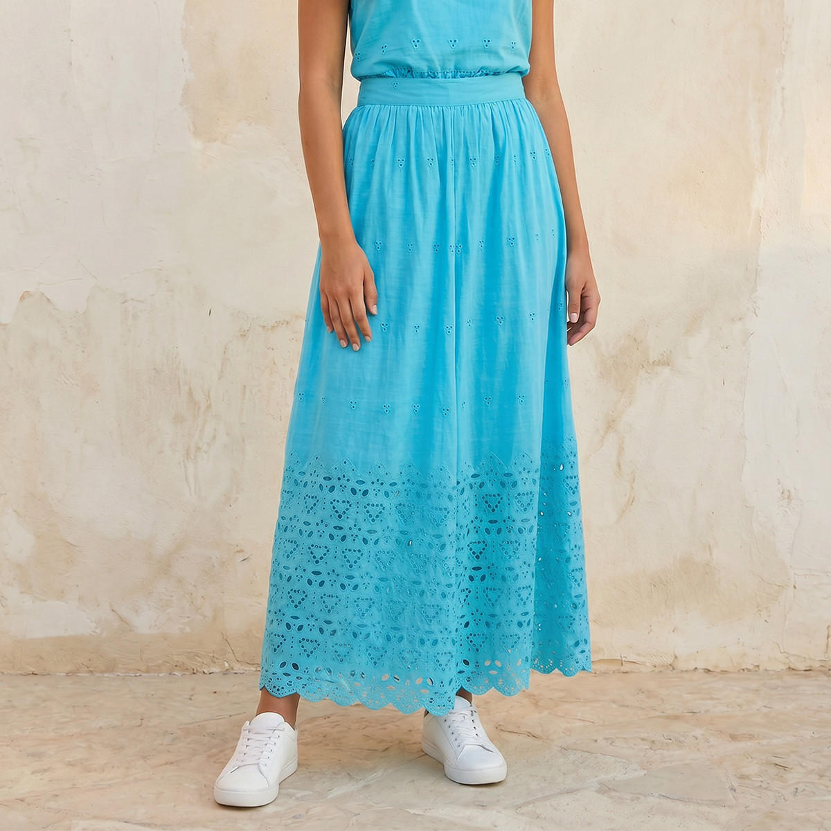 تنورة ماكسي قطن بتطريز وحافة متموجة للشباب-women-clothing-skirts-image-1