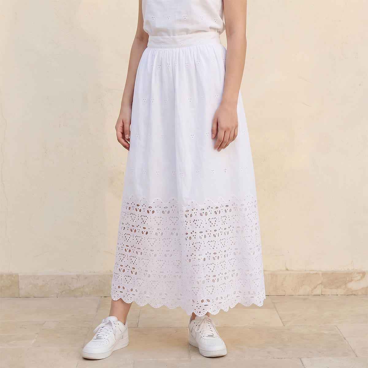تنورة ماكسي قطن بتطريز وحافة متموجة للشباب-women-clothing-bottoms-skirts-image-1