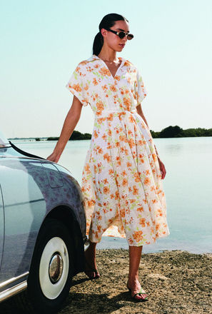 Splash Youth Floral Print Shirt Cotton Dress with Schiffli Embroidery-women-image-1