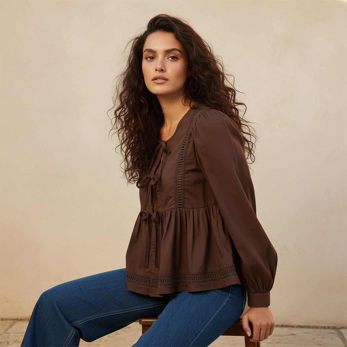 بلوزة قطن بقصة عادية وتزيينات دانتيل يوث من سبلاش-women-clothing-shirtsandblouses-blouses-image-5
