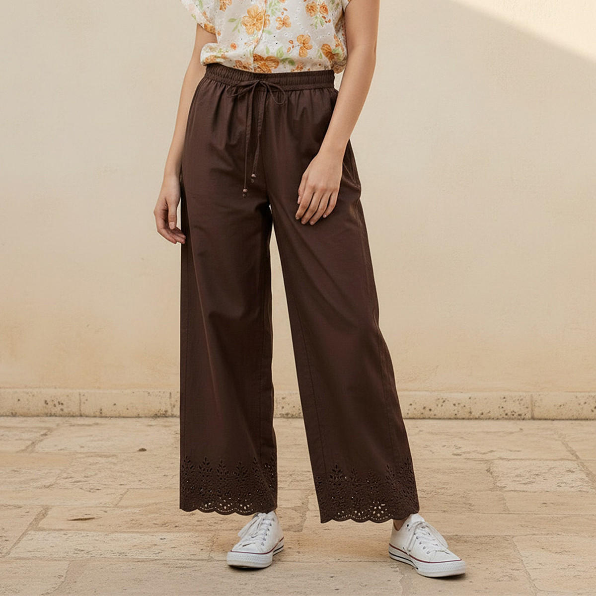 بنطلون قطن واسع الساقين بخصر برباط يوث من سبلاش-women-clothing-trousers-image-1