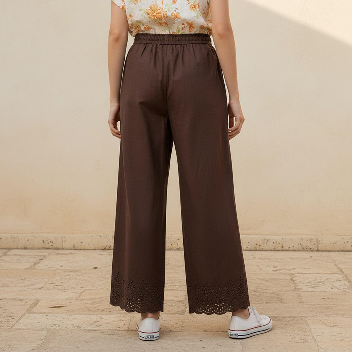 بنطلون قطن واسع الساقين بخصر برباط يوث من سبلاش-women-clothing-trousers-image-4