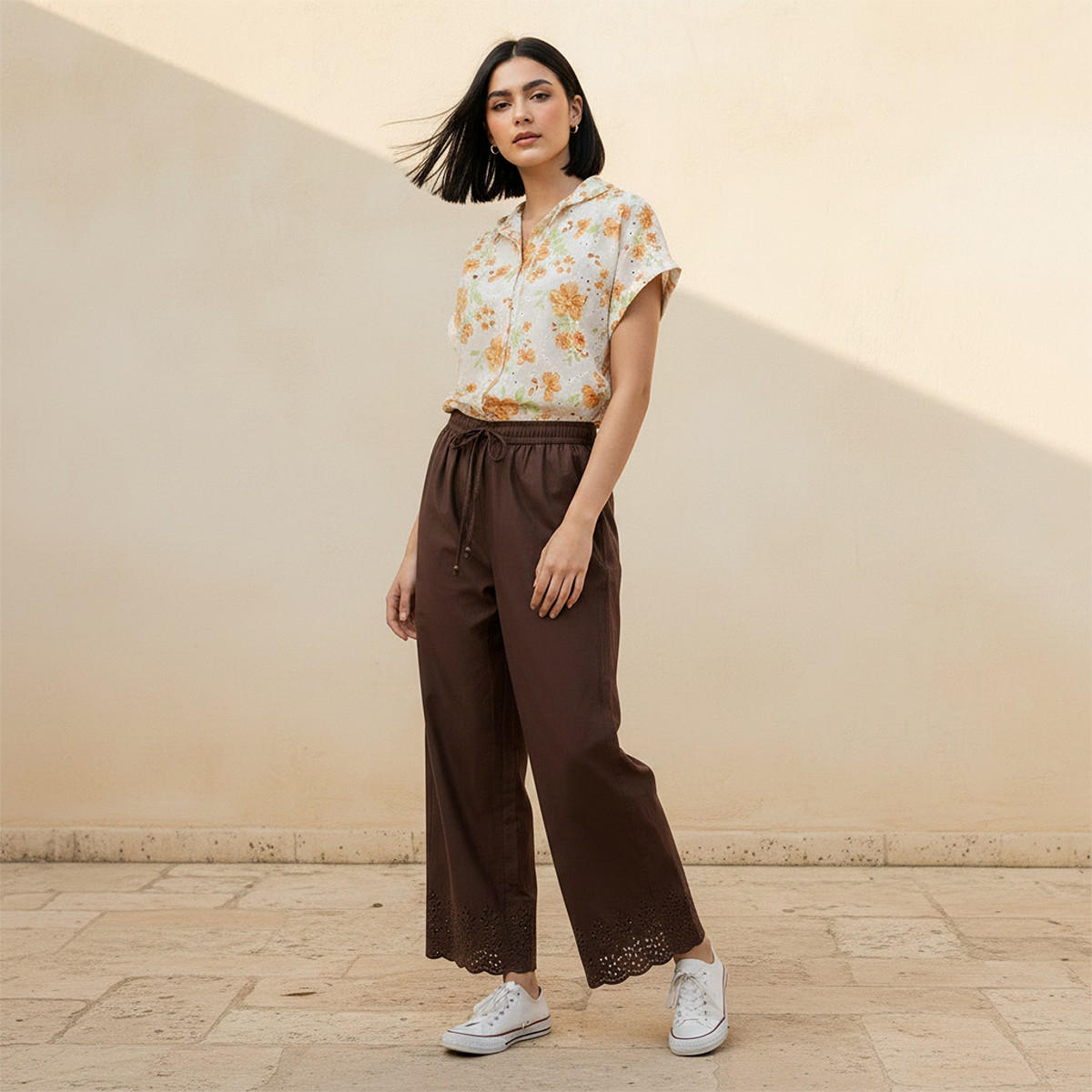 بنطلون قطن واسع الساقين بخصر برباط يوث من سبلاش-women-clothing-trousers-image-5