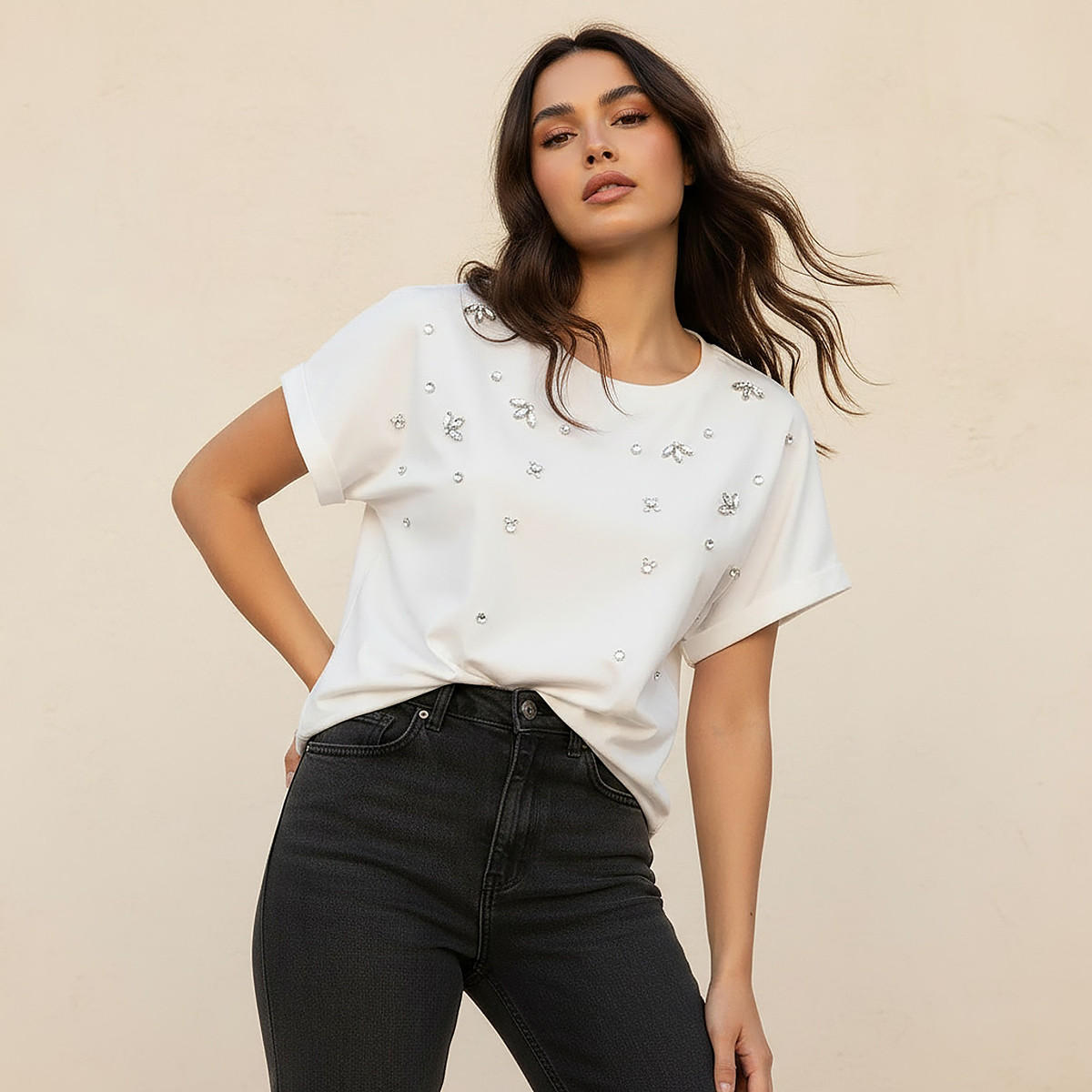 Regular Fit Cotton T-shirt with Embellished Detail-women-clothing-tshirts-image-1