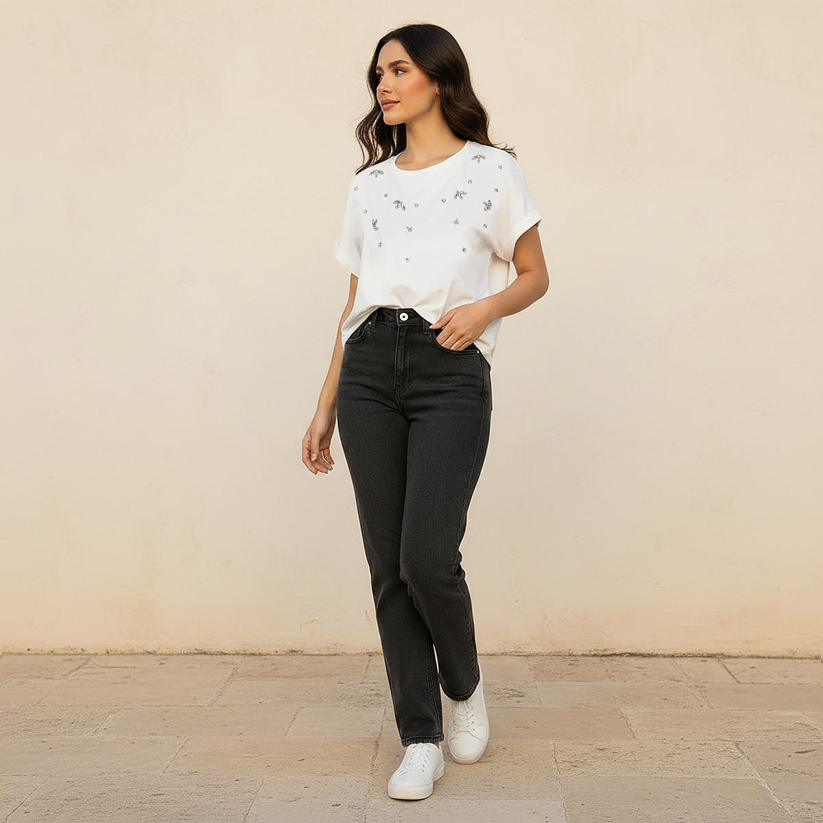 Regular Fit Cotton T-shirt with Embellished Detail-women-clothing-tshirts-image-3