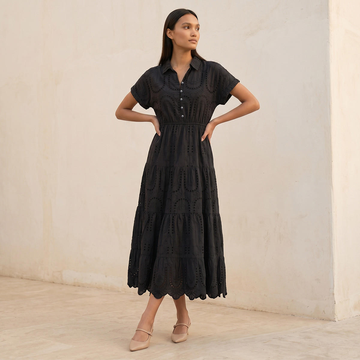 Splash Youth Embroidered Tiered Cotton Dress with Scalloped Hemline-women-clothing-dresses-image-1