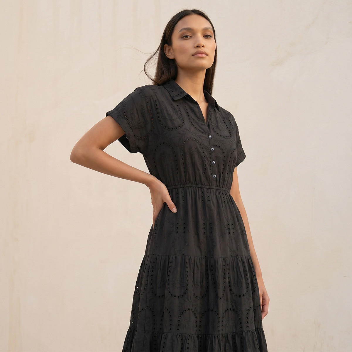 Splash Youth Embroidered Tiered Cotton Dress with Scalloped Hemline-women-clothing-dresses-image-4