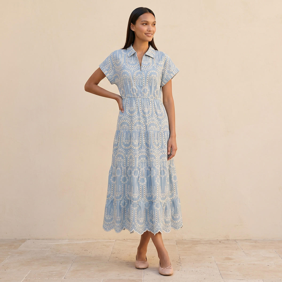 Splash Youth Embroidered Tiered Cotton Dress with Scalloped Hemline-women-clothing-dresses-image-1