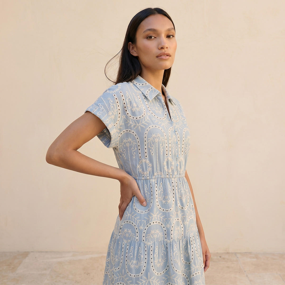 Splash Youth Embroidered Tiered Cotton Dress with Scalloped Hemline-women-clothing-dresses-image-4
