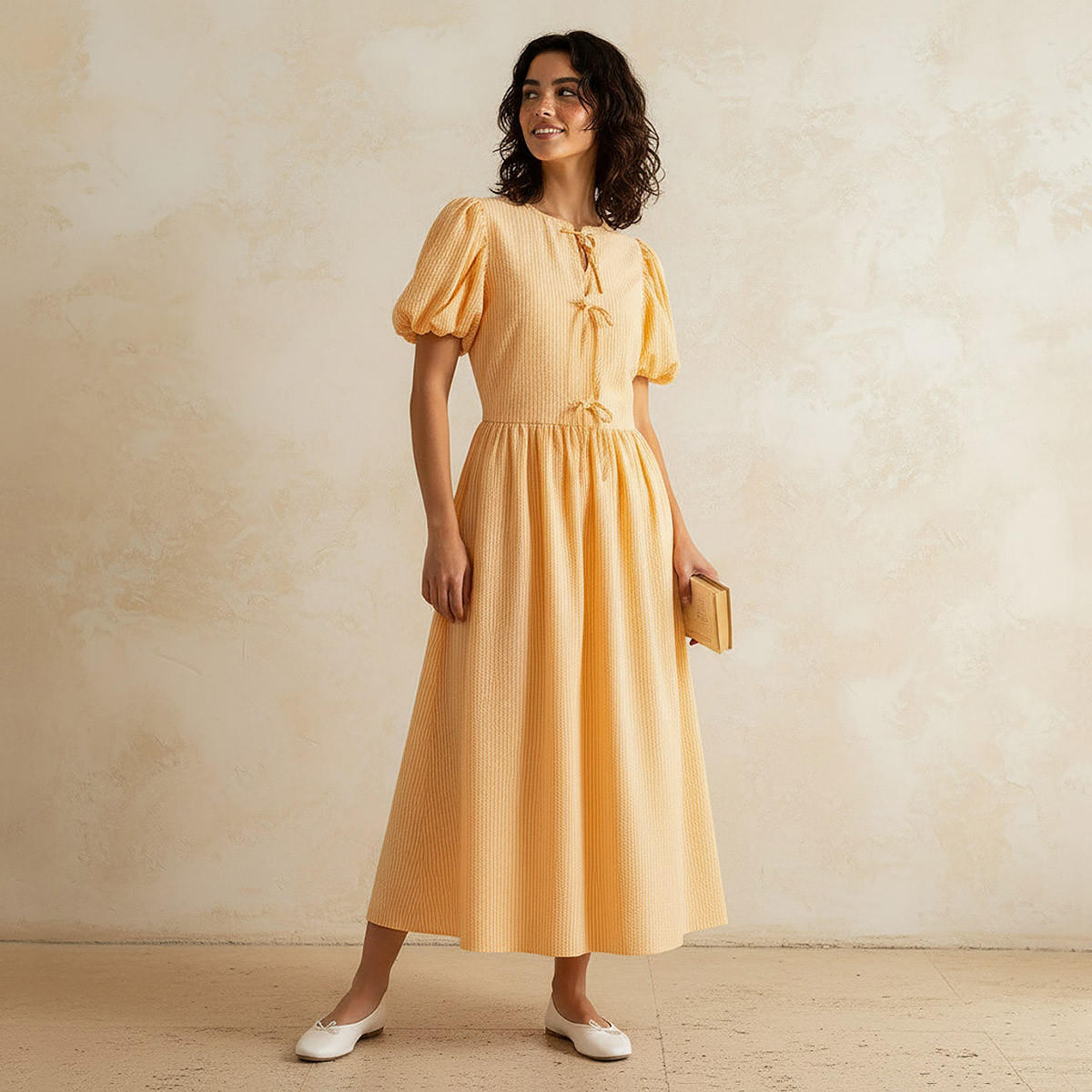 فستان إيه لاين مقلم بتزيينات فيونكة للنساء-women-clothing-dresses-image-1