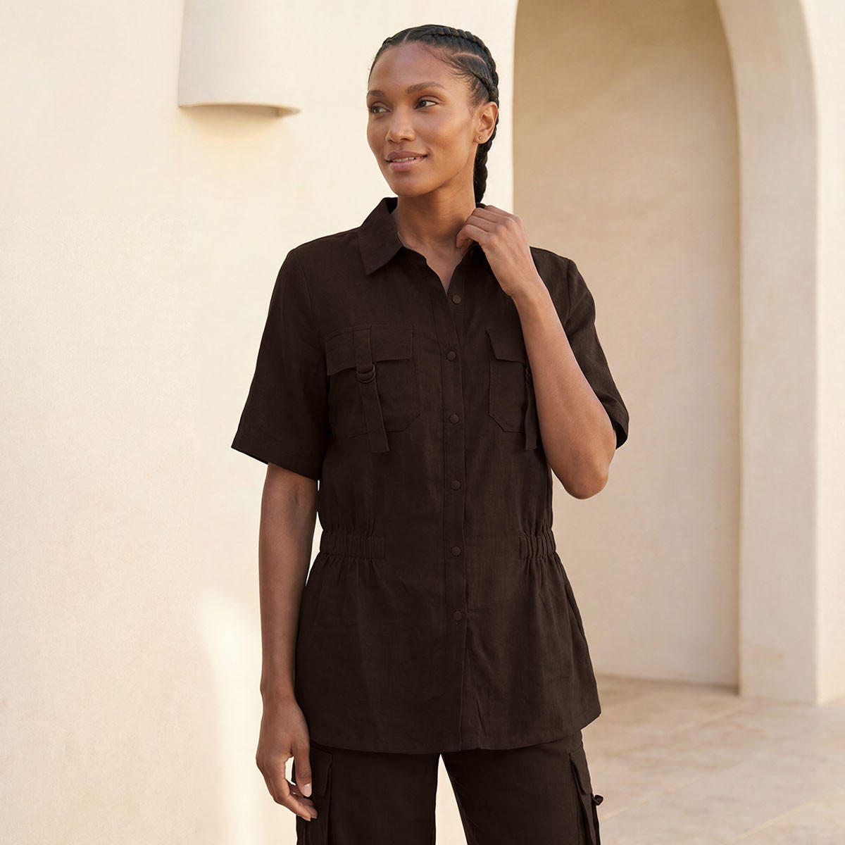 Splash Youth Linen Blend Utility Shirt with Elasticated Waist-women-clothing-shirtsandblouses-shirts-image-1