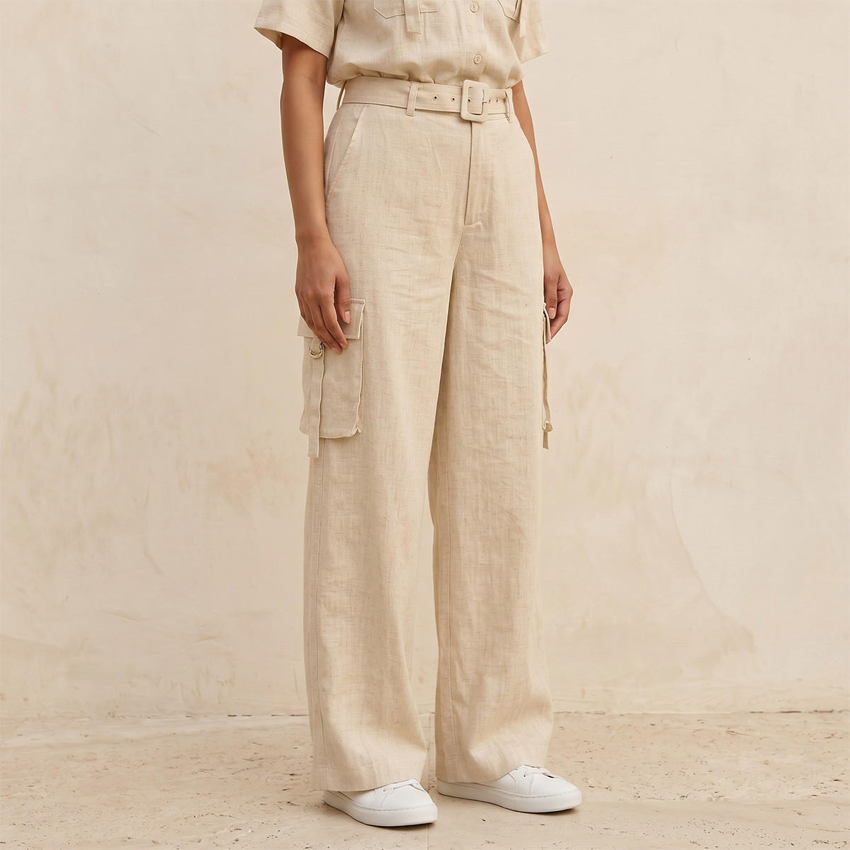 بنطلون كارجو واسع الساقين بجيوب من مزيج الكتان من سبلاش يوث-women-clothing-trousers-image-1