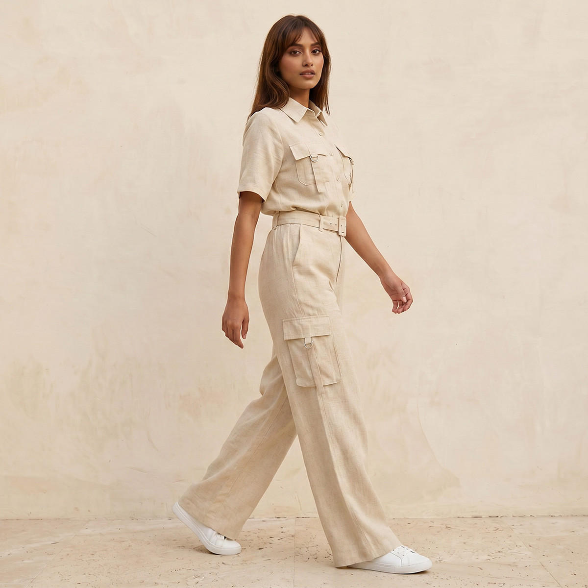بنطلون كارجو واسع الساقين بجيوب من مزيج الكتان من سبلاش يوث-women-clothing-trousers-image-3