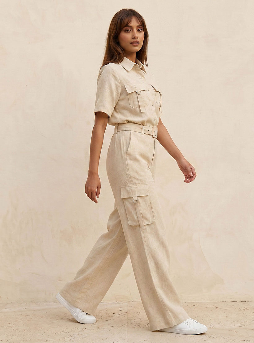 بنطلون كارجو واسع الساقين بجيوب من مزيج الكتان من سبلاش يوث-women-clothing-trousers-image-3