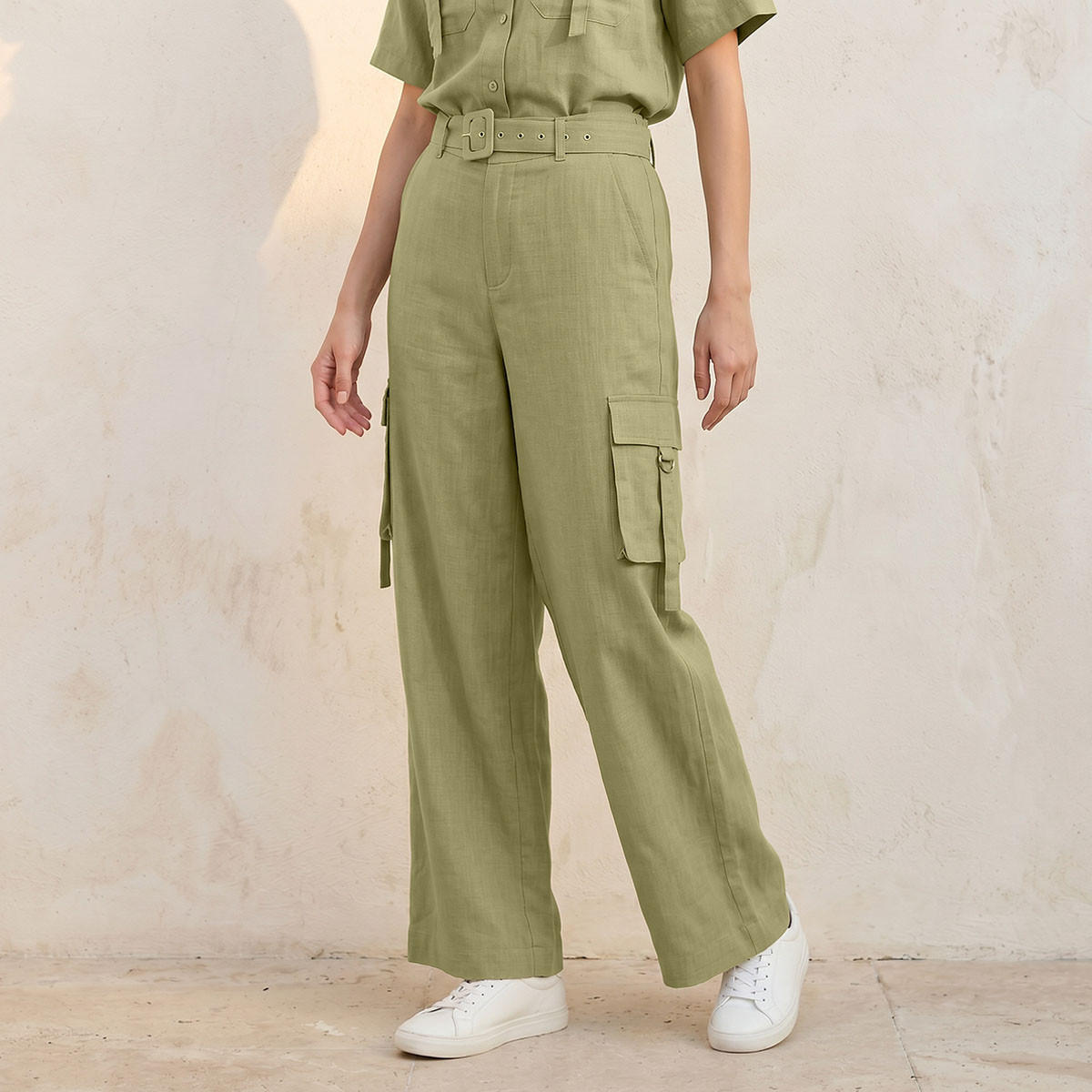 Splash Youth Wide Leg Linen Blend Cargo Pocket Detail Trousers-women-clothing-trousers-image-1