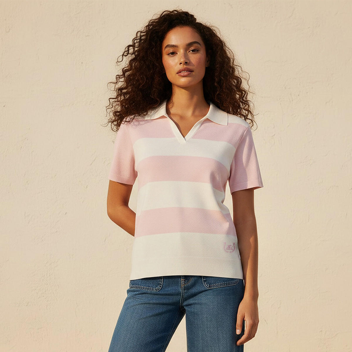 تيشيرت بولو مخطط بتطريز شعار من ستارتر-women-clothing-tshirts-image-1