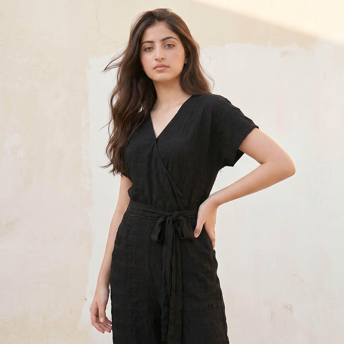 Splash Youth Textured Wrap Jumpsuit with Tie-Up Belt-women-clothing-jumpsuits-image-1