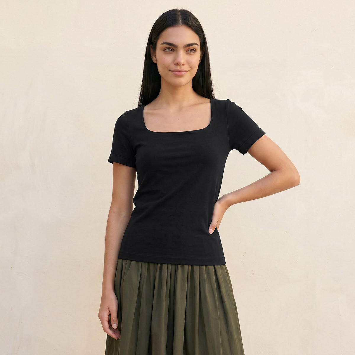 تيشيرت قصة ضيقة بياقة مربعة بدون درزات من سبلاش يوث-women-clothing-tshirts-image-1
