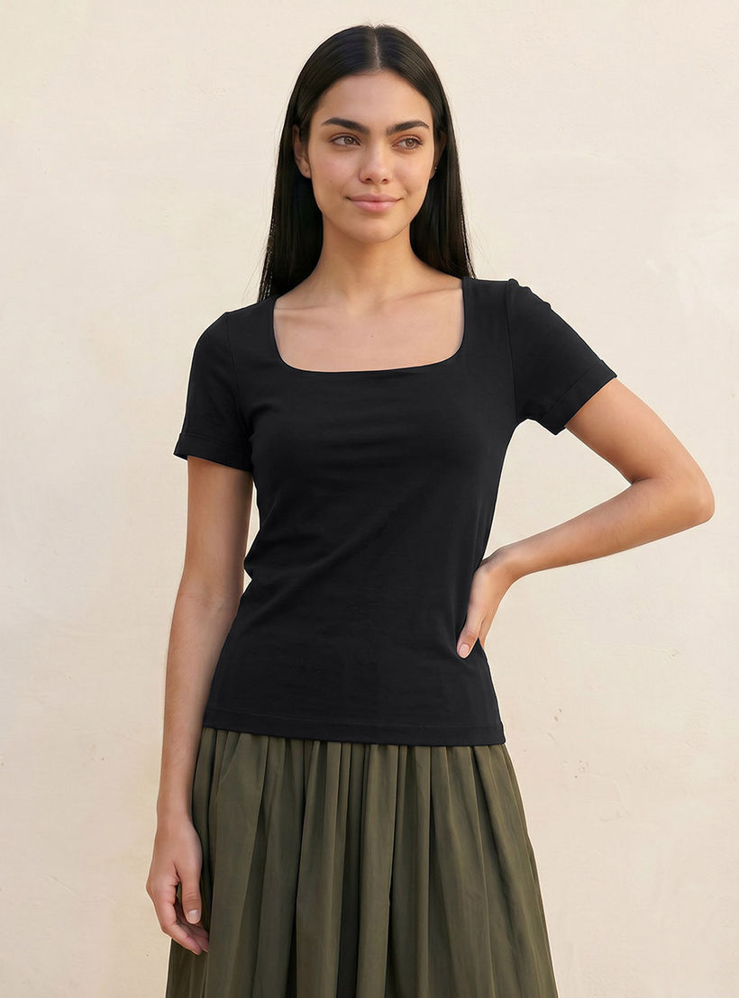 تيشيرت قصة ضيقة بياقة مربعة بدون درزات من سبلاش يوث-women-clothing-tshirts-image-1