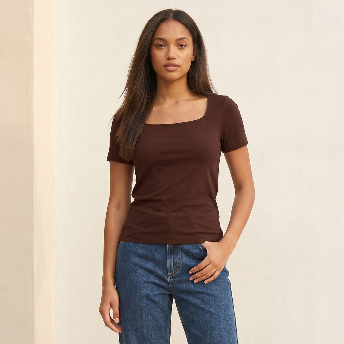 تيشيرت قصة ضيقة بياقة مربعة بدون درزات من سبلاش يوث-women-clothing-tshirts-image-1