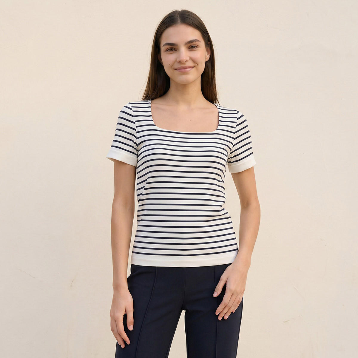 تيشيرت مقلم بقصة ضيقة وياقة مريعة بدون درزات من سبلاش يوث-women-clothing-tshirts-image-5