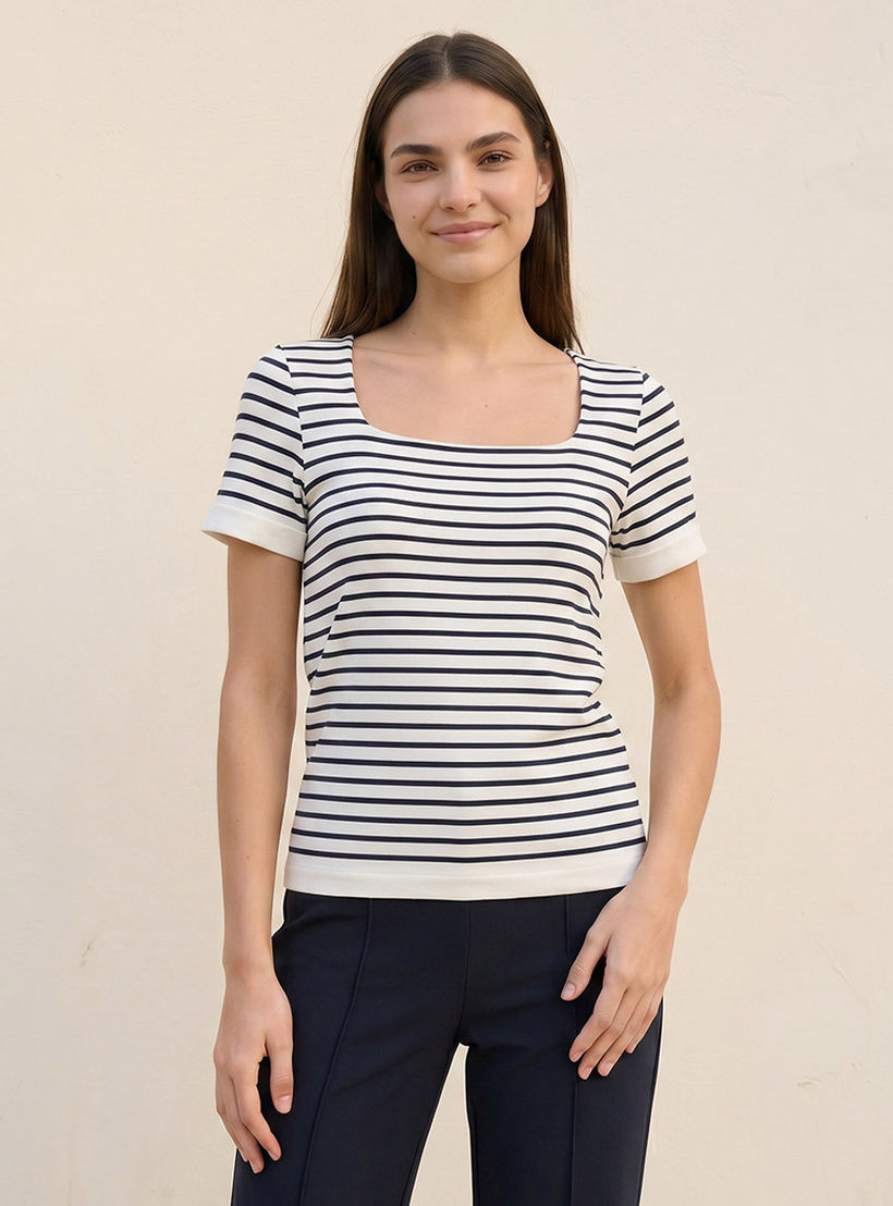 تيشيرت مقلم بقصة ضيقة وياقة مريعة بدون درزات من سبلاش يوث-women-clothing-tshirts-image-5