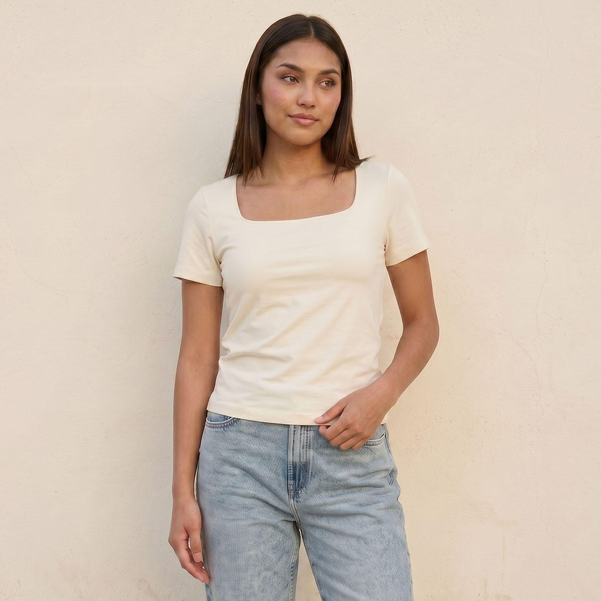 تيشيرت قصة ضيقة بياقة مربعة بدون درزات من سبلاش يوث-women-clothing-tshirts-image-1