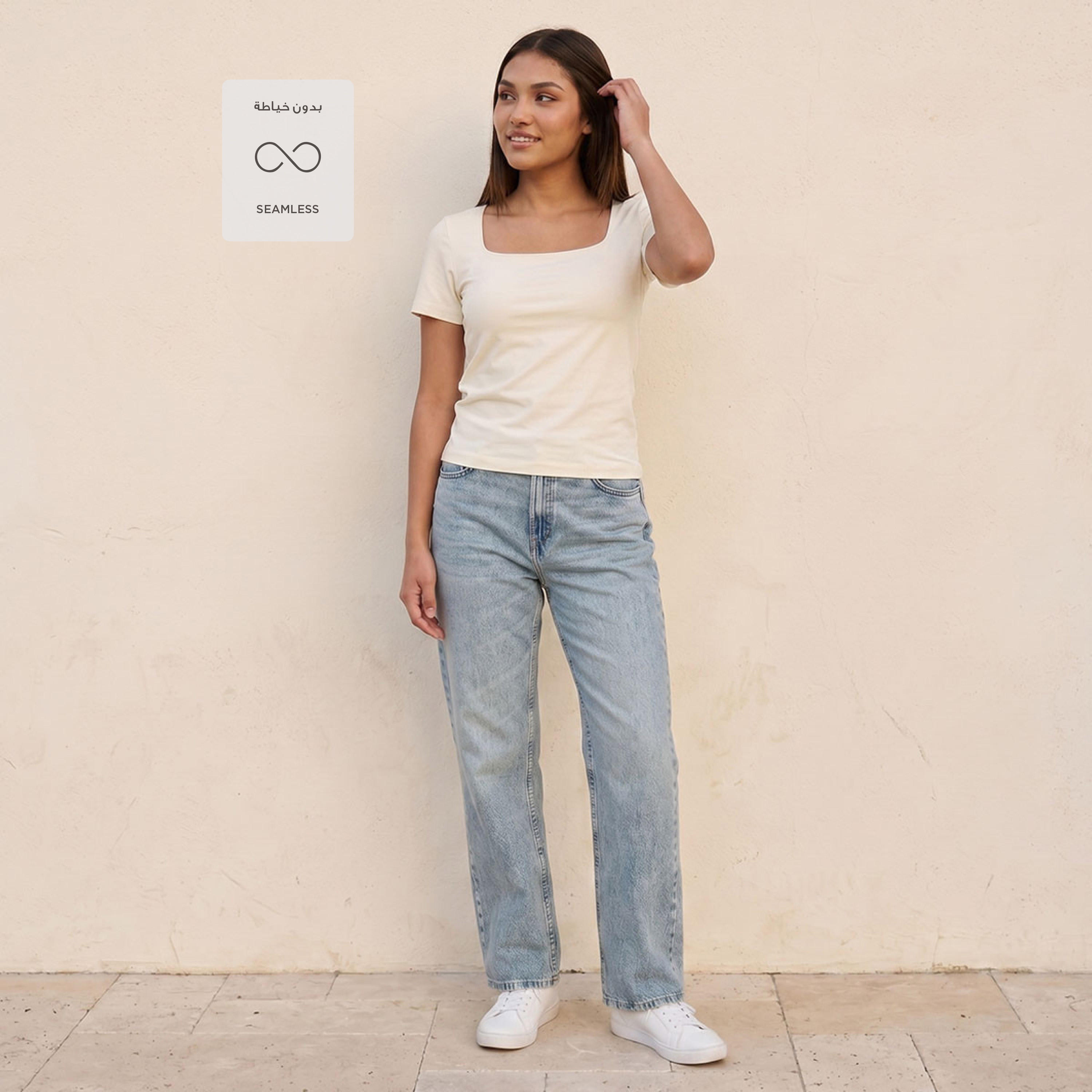 تيشيرت قصة ضيقة بياقة مربعة بدون درزات من سبلاش يوث-women-clothing-tshirts-image-3