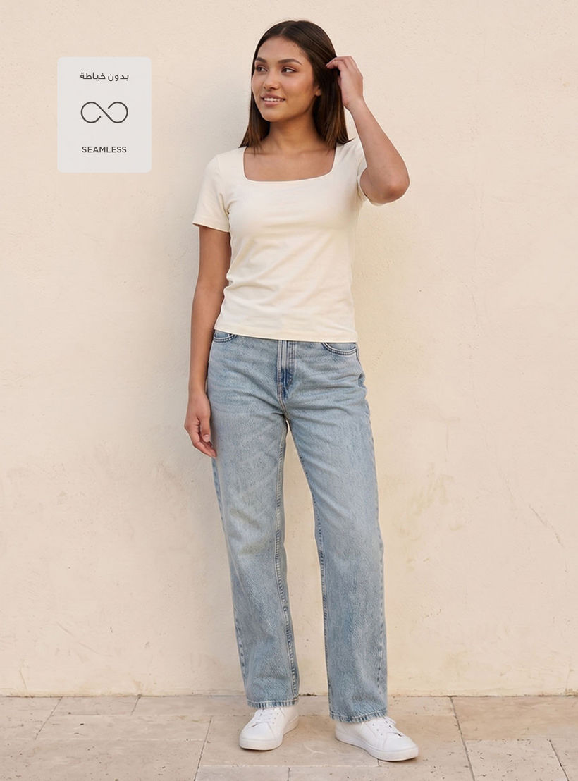 تيشيرت قصة ضيقة بياقة مربعة بدون درزات من سبلاش يوث-women-clothing-tshirts-image-3
