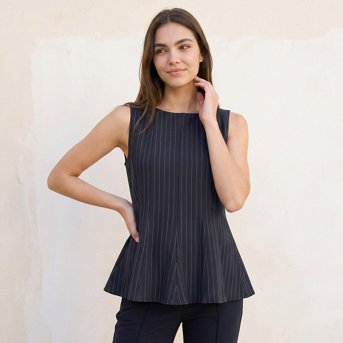 بلوزة بيبلوم مخططة بخطوط دقيقة من سبلاش يوث-women-clothing-shirtsandblouses-blouses-image-1