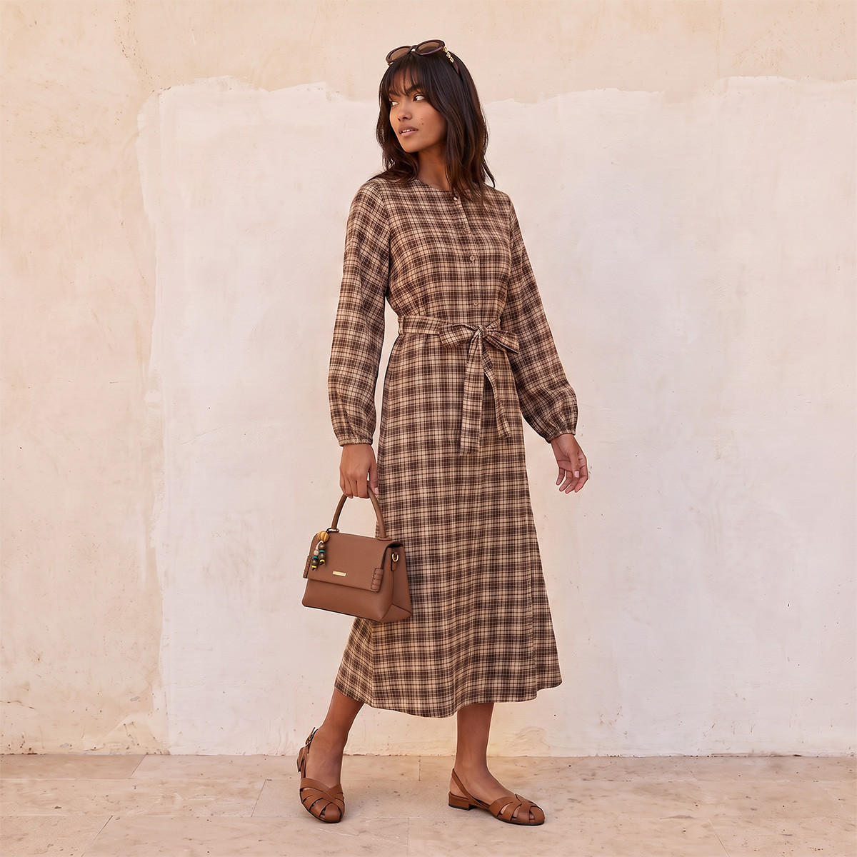 Splash Youth Checked Midi Shirt Dress with Belt-women-clothing-dresses-image-1