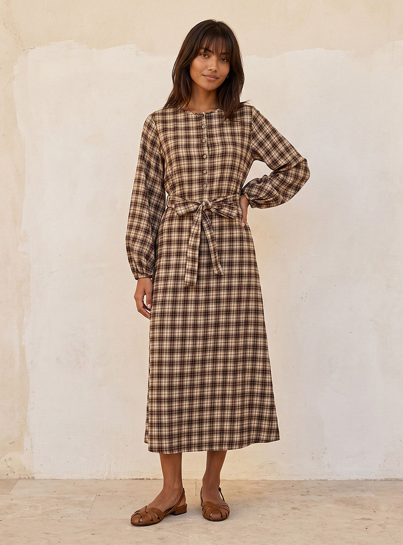 Splash Youth Checked Midi Shirt Dress with Belt-women-clothing-dresses-image-3