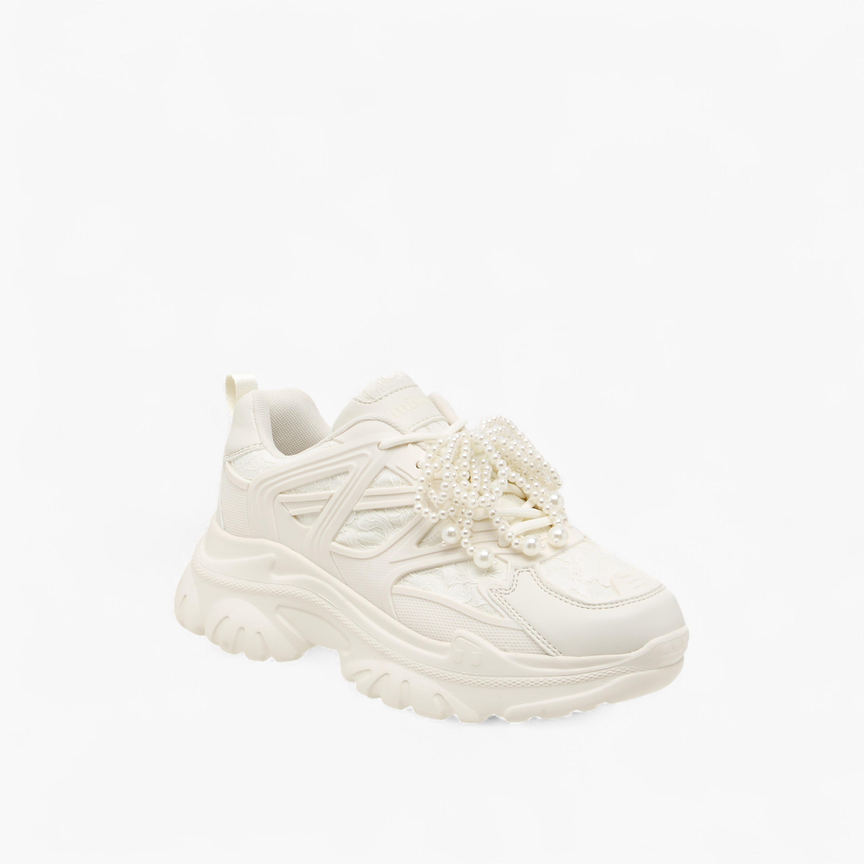 Missy Pearl Embellished Sneakers with Chunky Heels and Lace-Up Closure-women-shoes-sneakers-image-2