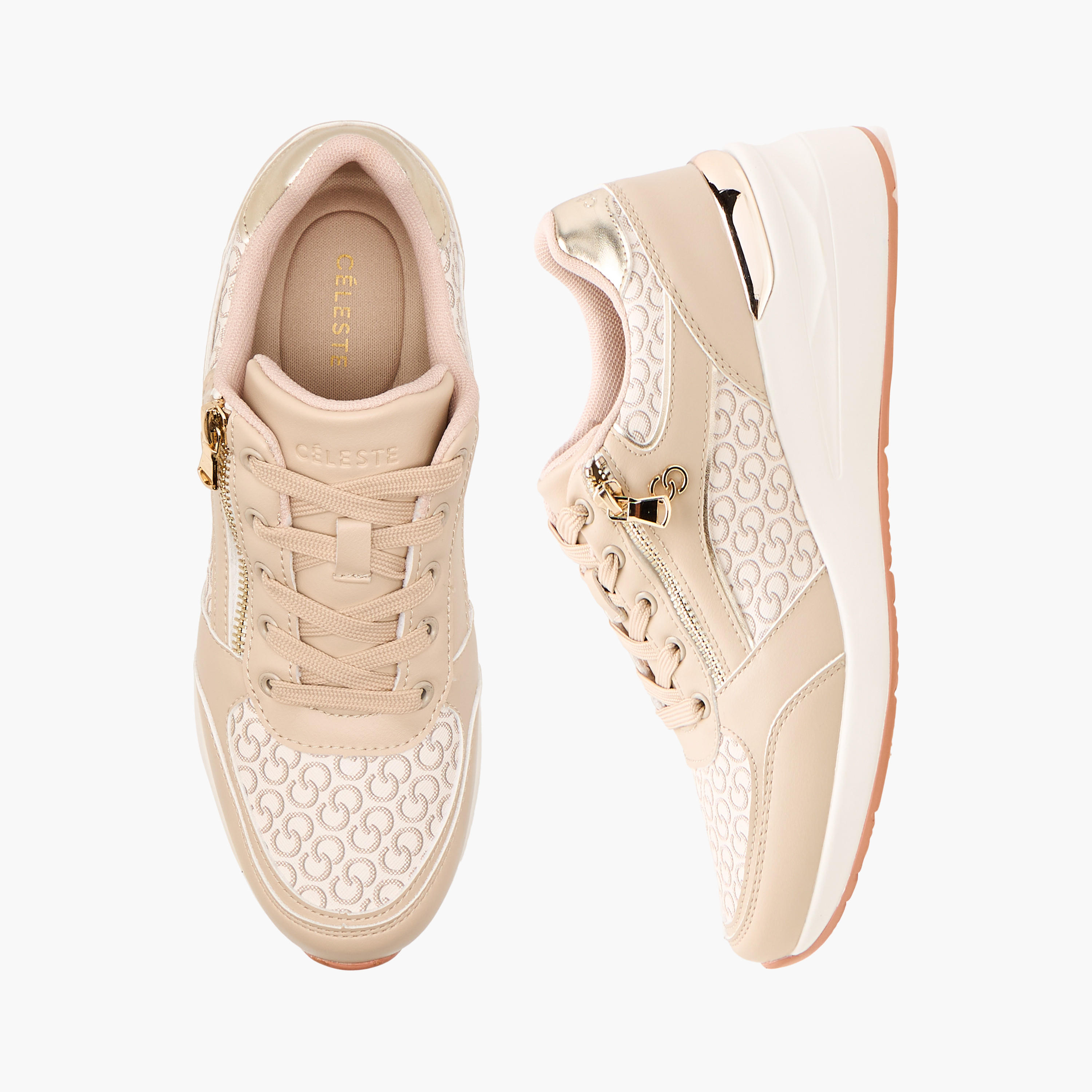 Celeste Women's Monogram Print Sneakers with Lace-Up Closure and Zip Detail-women-shoes-sneakers-image-1