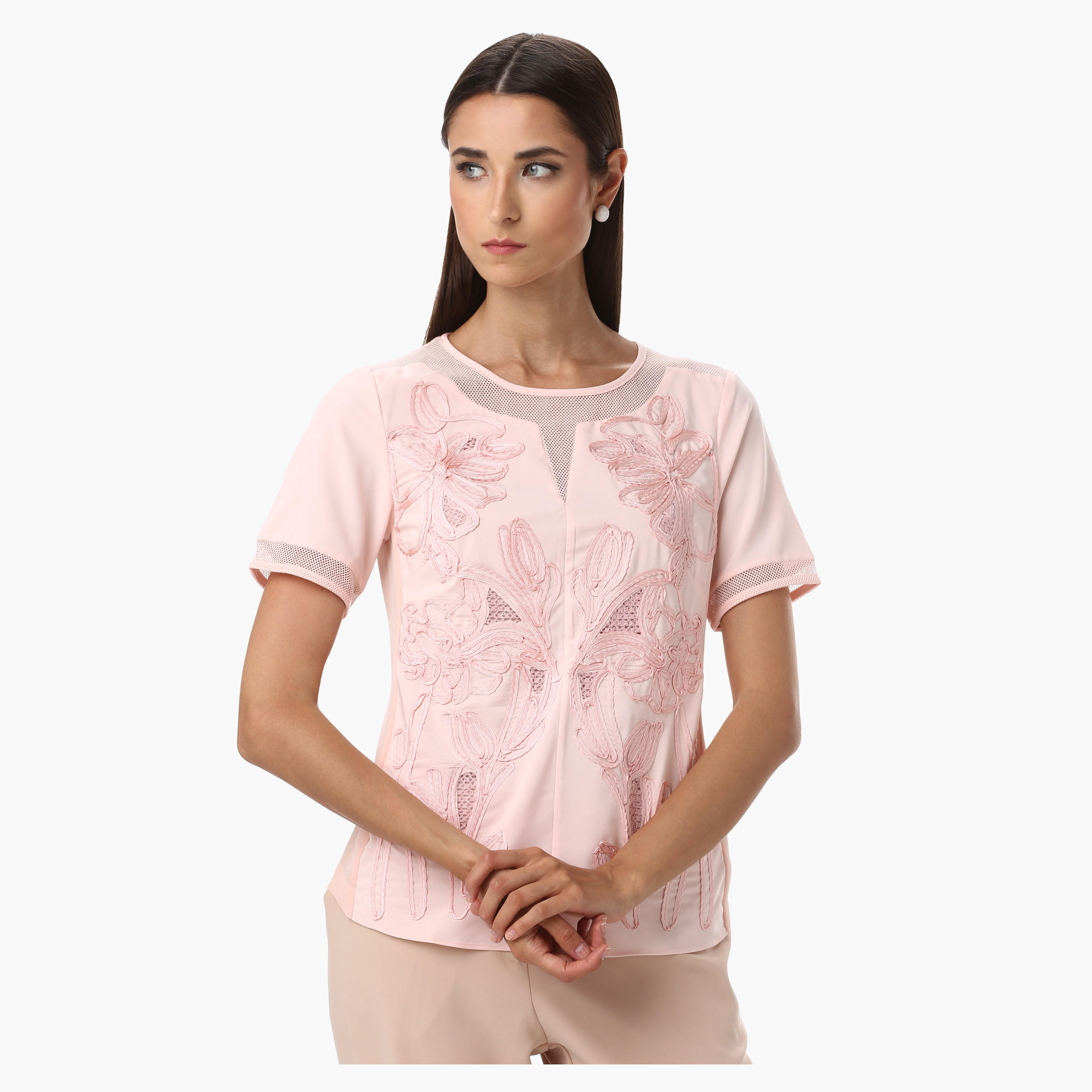 Elle Round Neck Shell Top with Cord Embroidery and Short Sleeve-women-clothing-shirtsandblouses-blouses-image-1