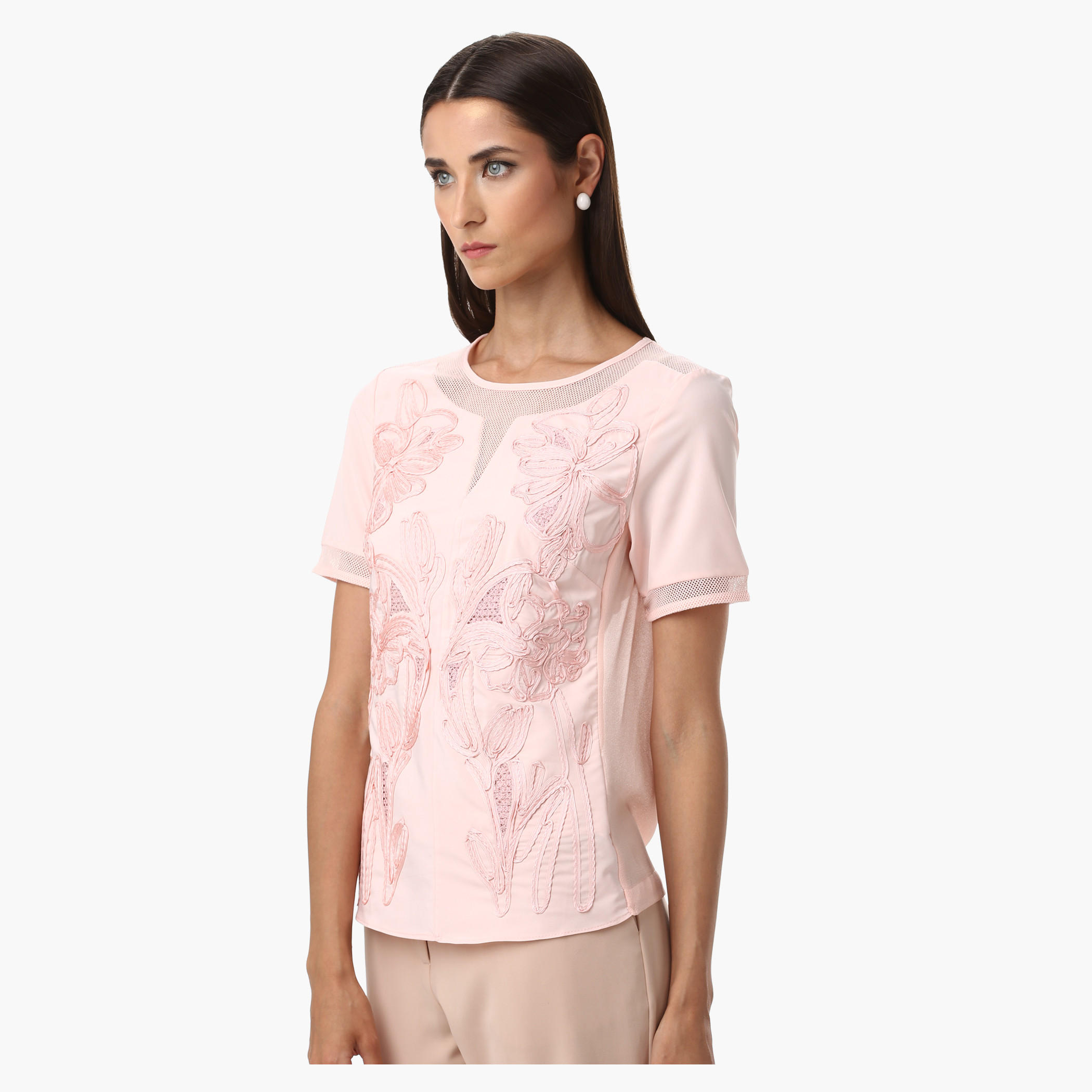 Elle Round Neck Shell Top with Cord Embroidery and Short Sleeve-women-clothing-shirtsandblouses-blouses-image-3