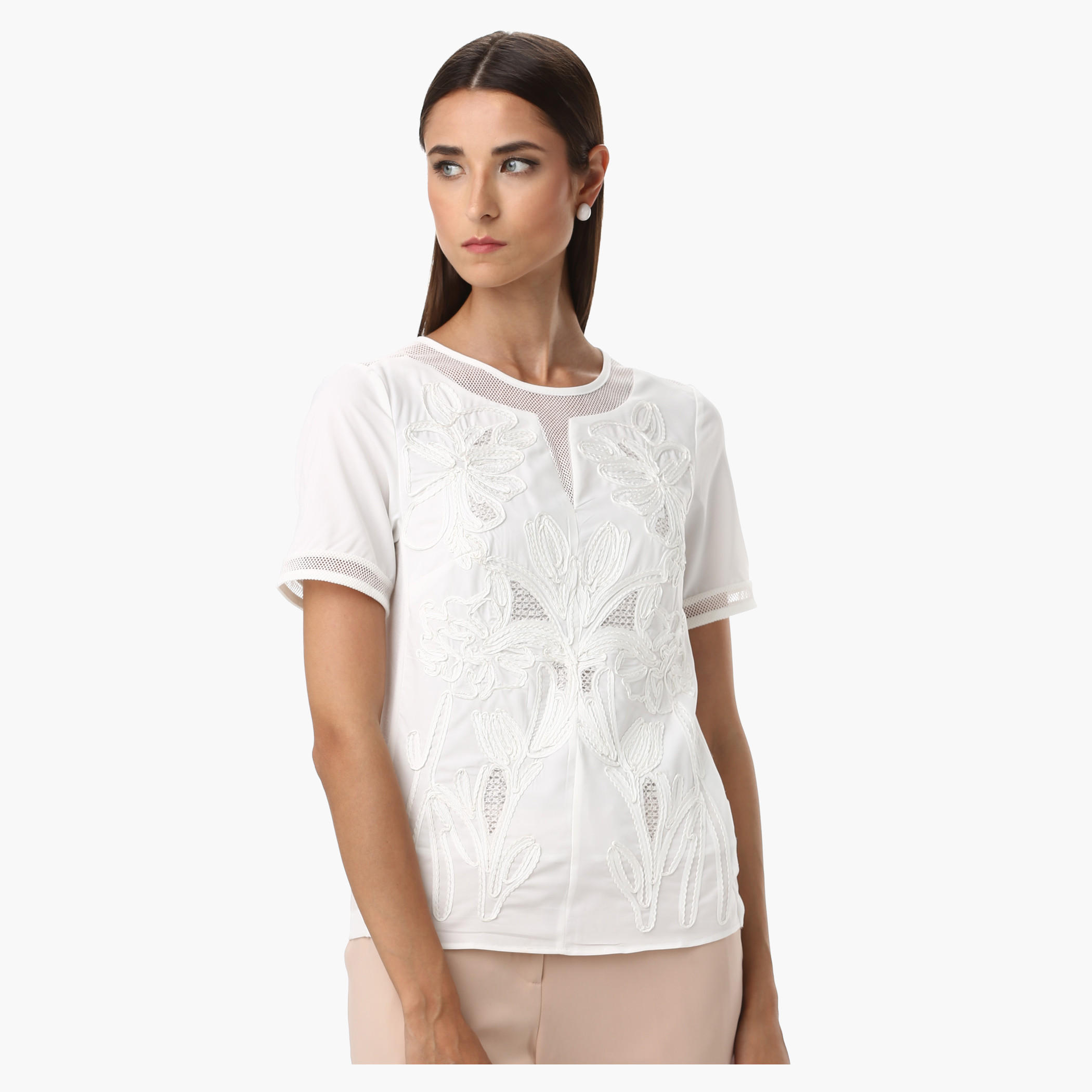 Elle Round Neck Shell Top with Cord Embroidery and Short Sleeve-women-clothing-shirtsandblouses-blouses-image-6
