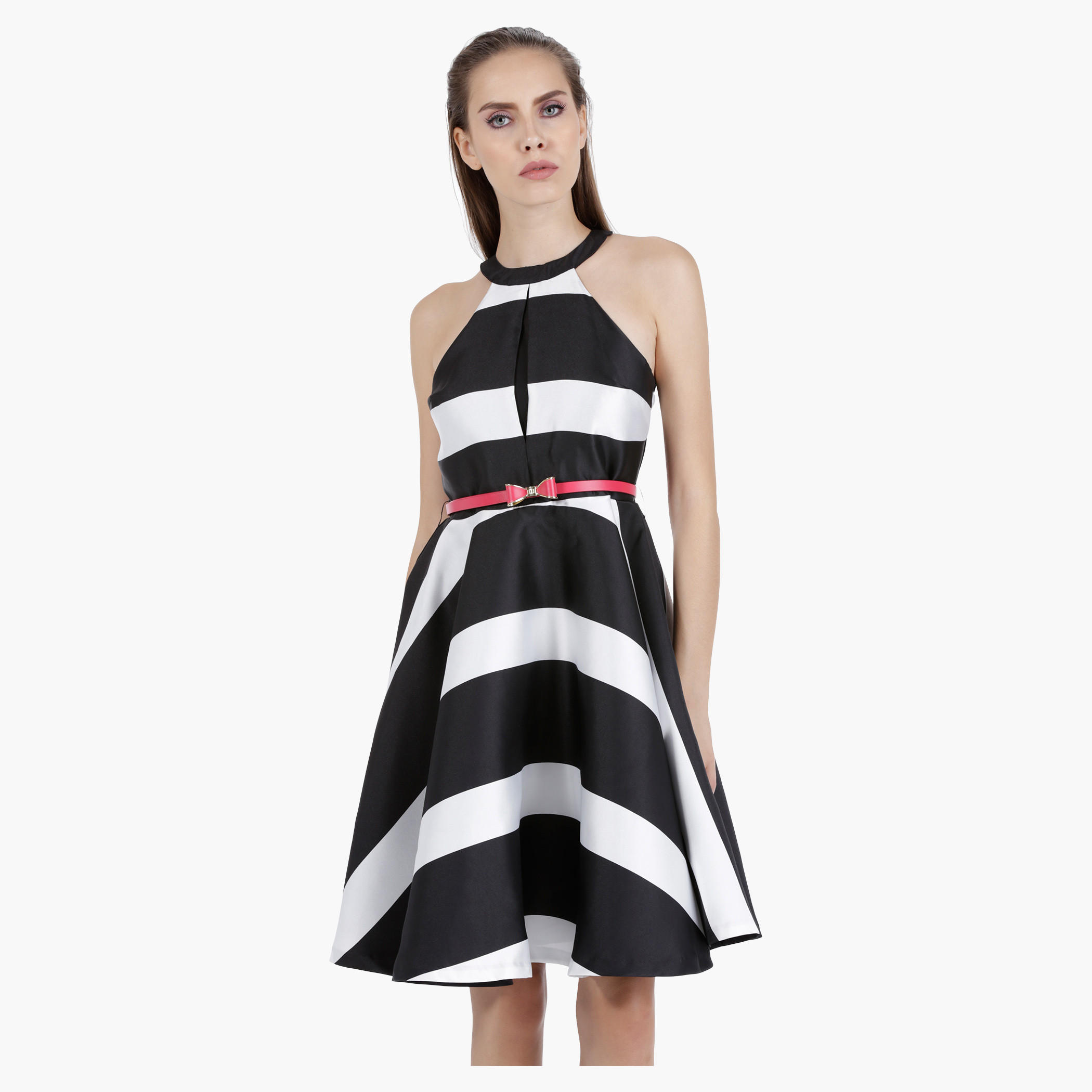Elle Flare Print Dress with Halter Neck and Stripes in Regular Fit-women-clothing-dresses-image-2