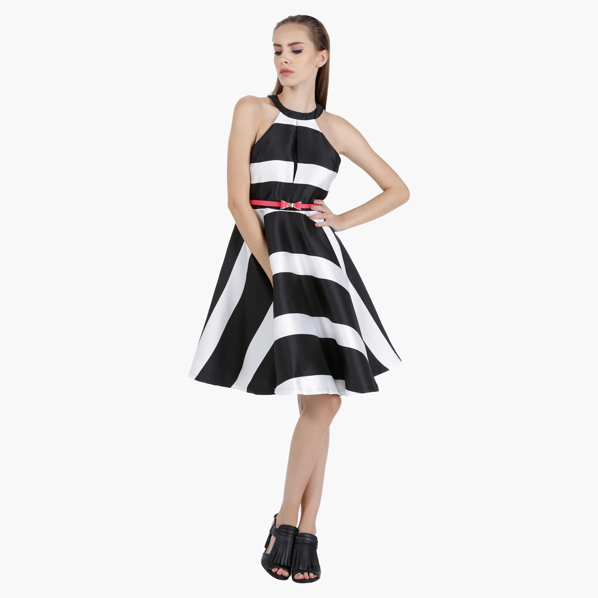 Elle Flare Print Dress with Halter Neck and Stripes in Regular Fit-women-clothing-dresses-image-6