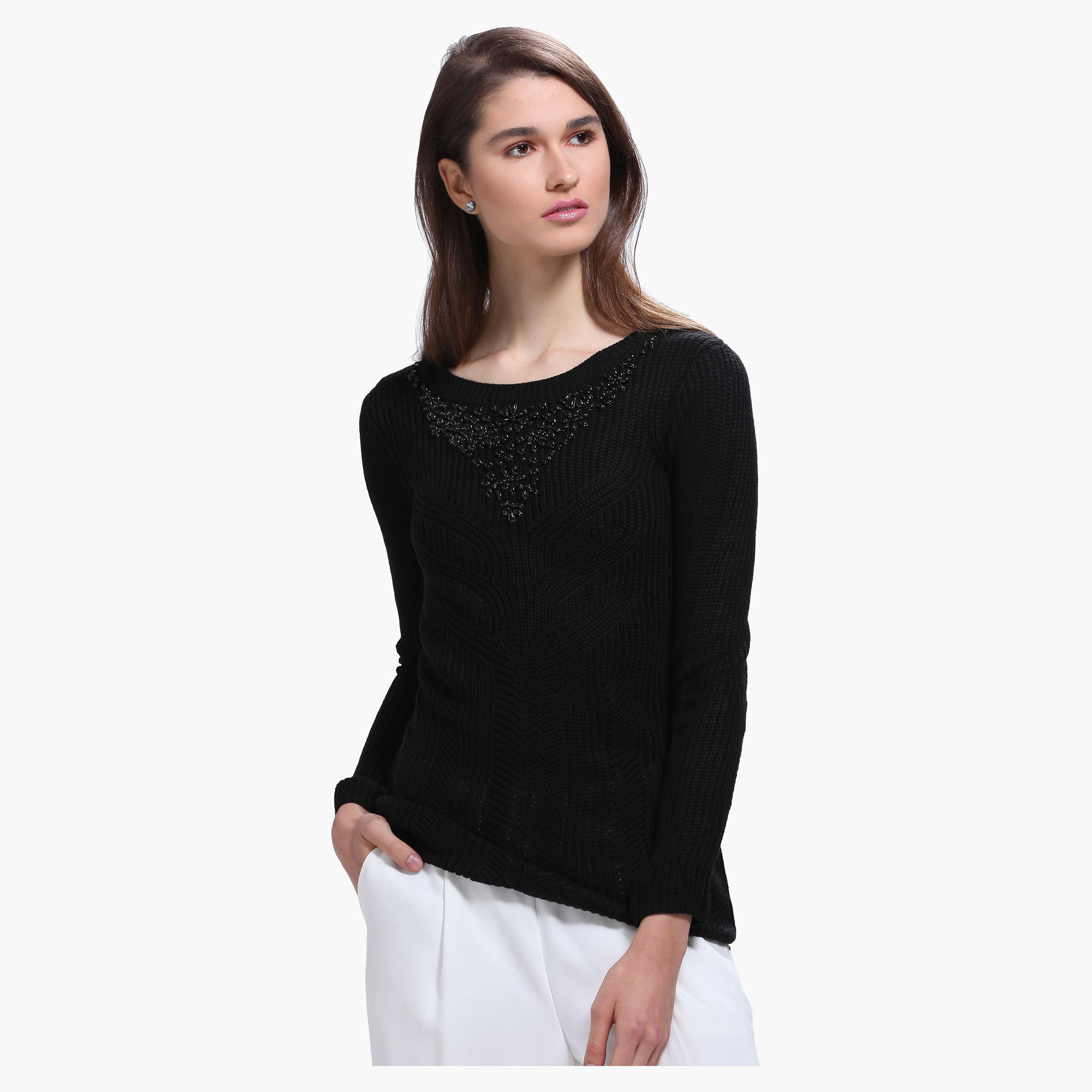 Elle Embellished Sweater with Round Neck and Long Sleeves-women-clothing-cardigansandjumpers-jumpers-image-1